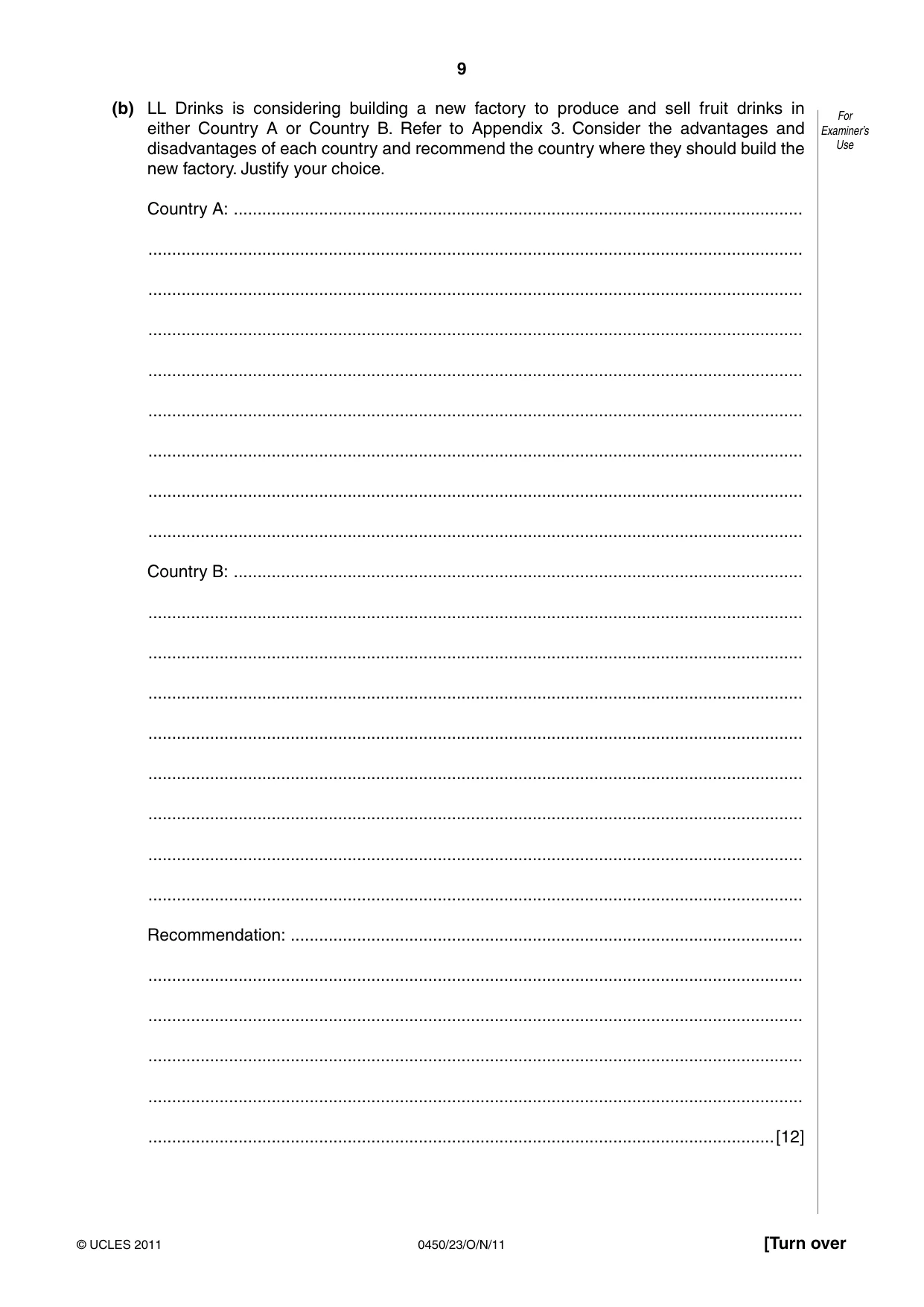 Cambridge IGCSE Business Studies 0450 2011 Oct/Nov Paper 2 · Variant 3 question paper, page 9 of 12