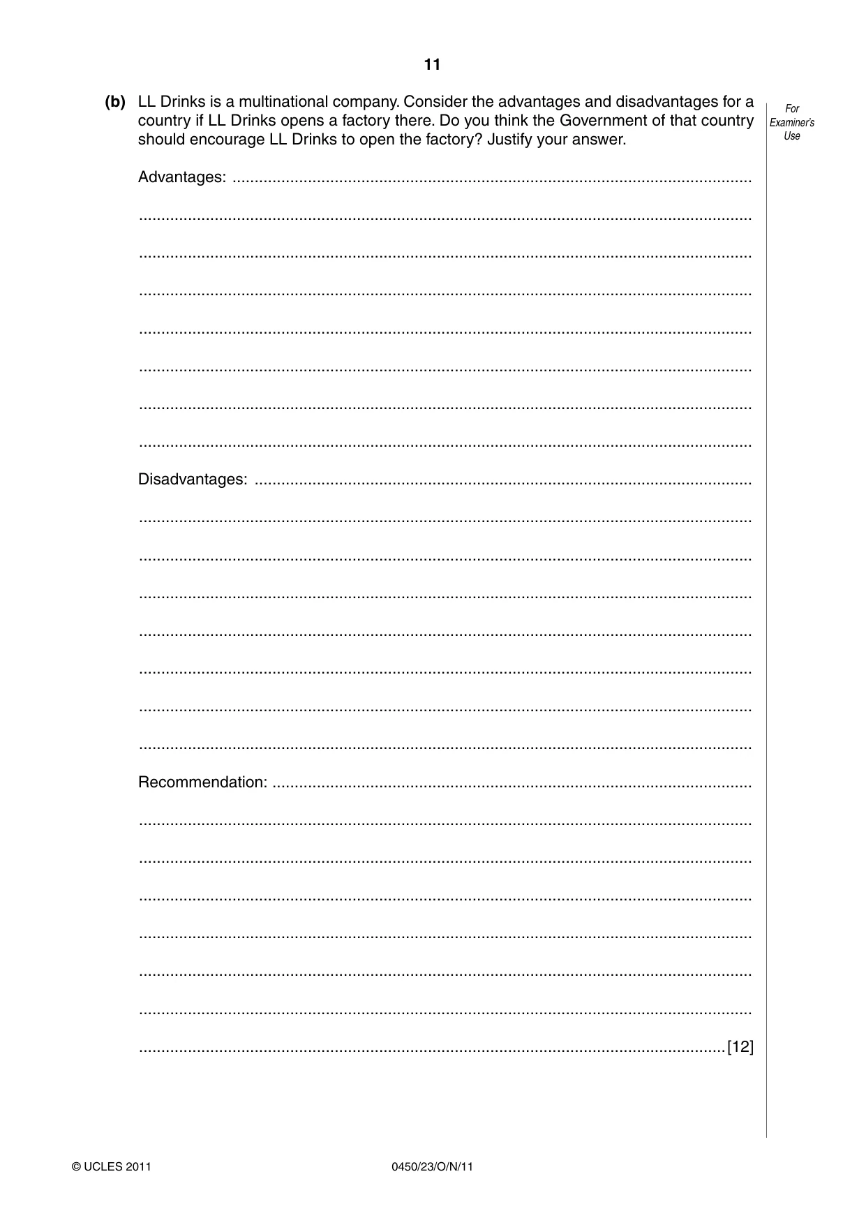 Cambridge IGCSE Business Studies 0450 2011 Oct/Nov Paper 2 · Variant 3 question paper, page 11 of 12