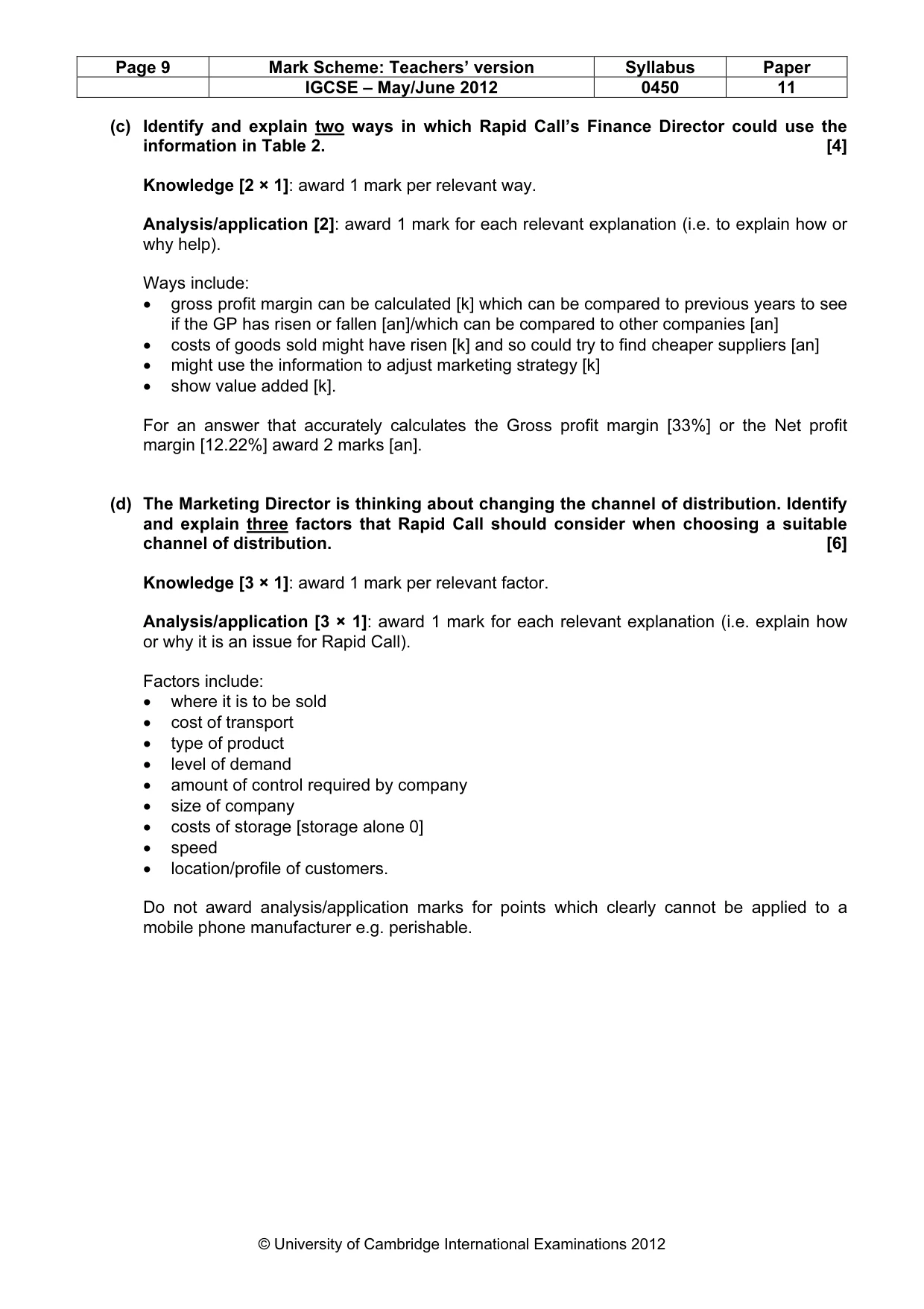 Mark scheme, page 9 of 12