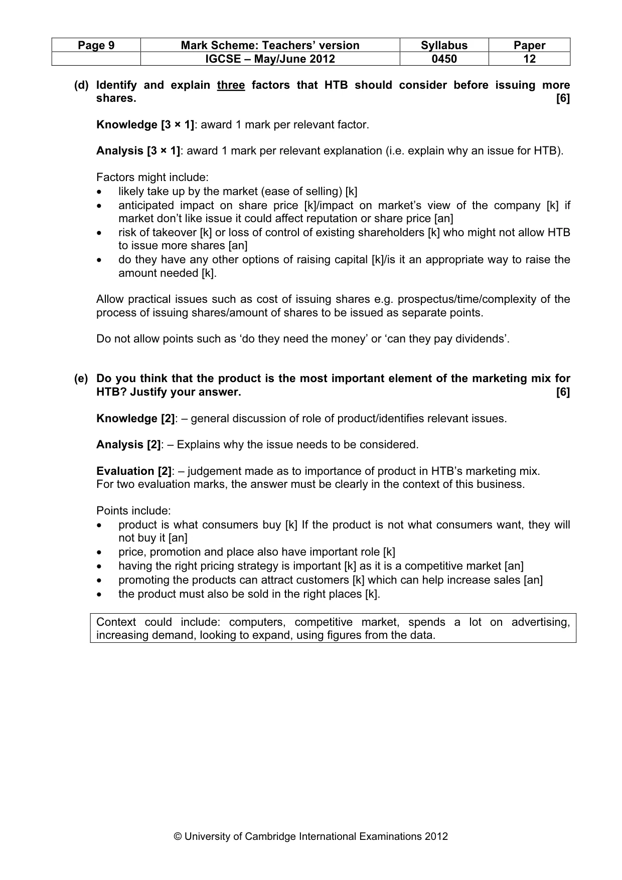 Mark scheme, page 9 of 14