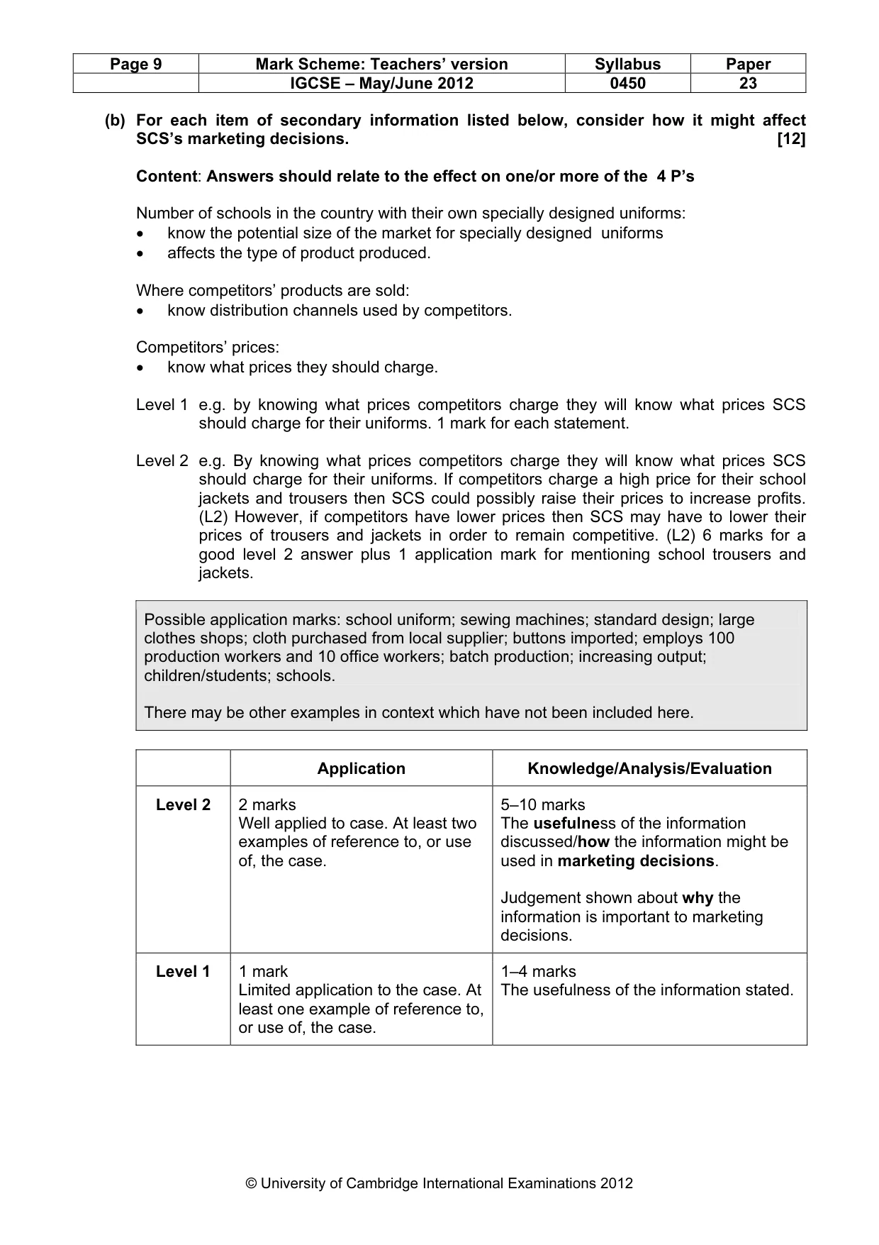 Mark scheme, page 9 of 12