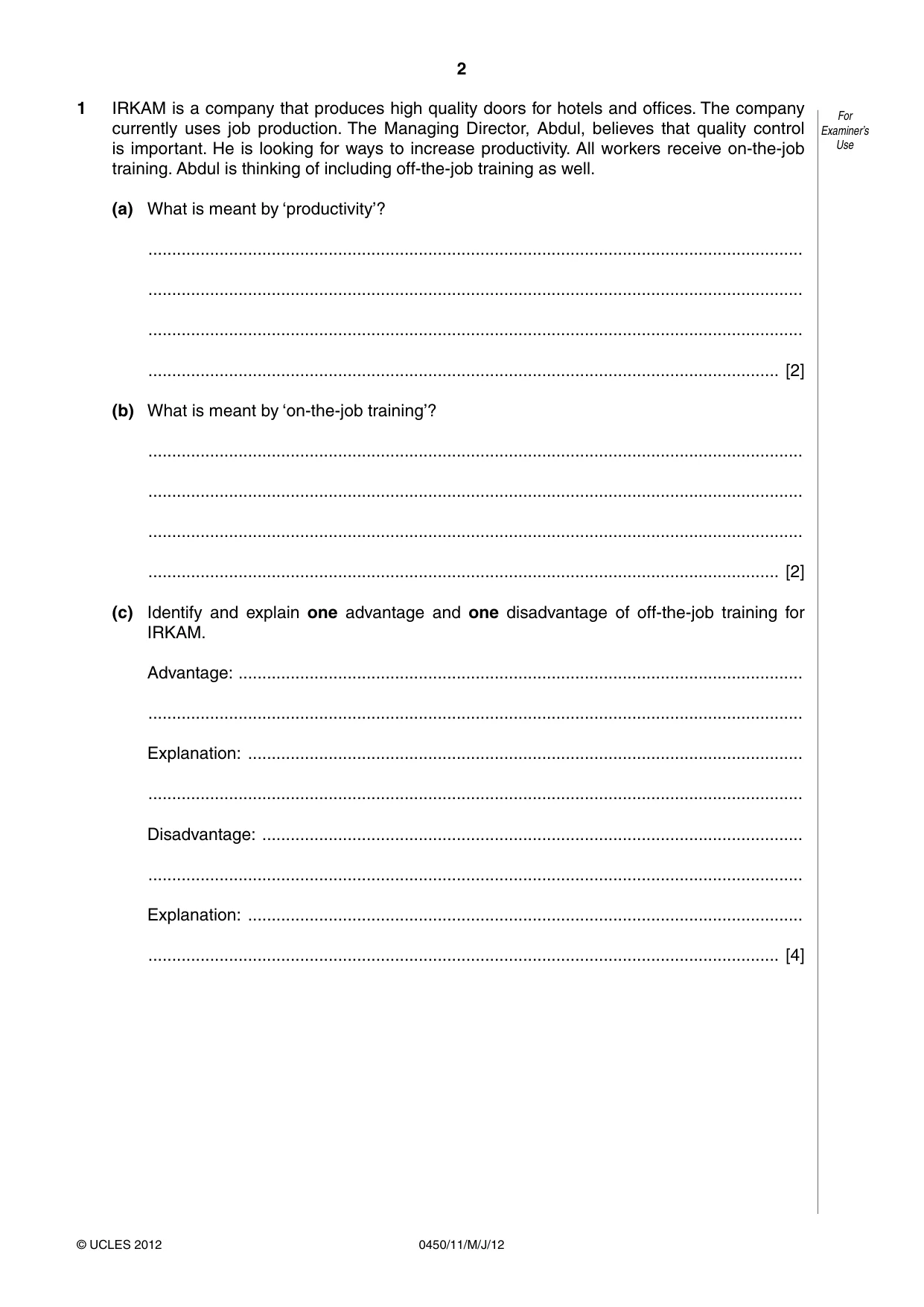 Cambridge IGCSE Business Studies 0450 2012 May/June Paper 1 · Variant 1 question paper, page 2 of 12