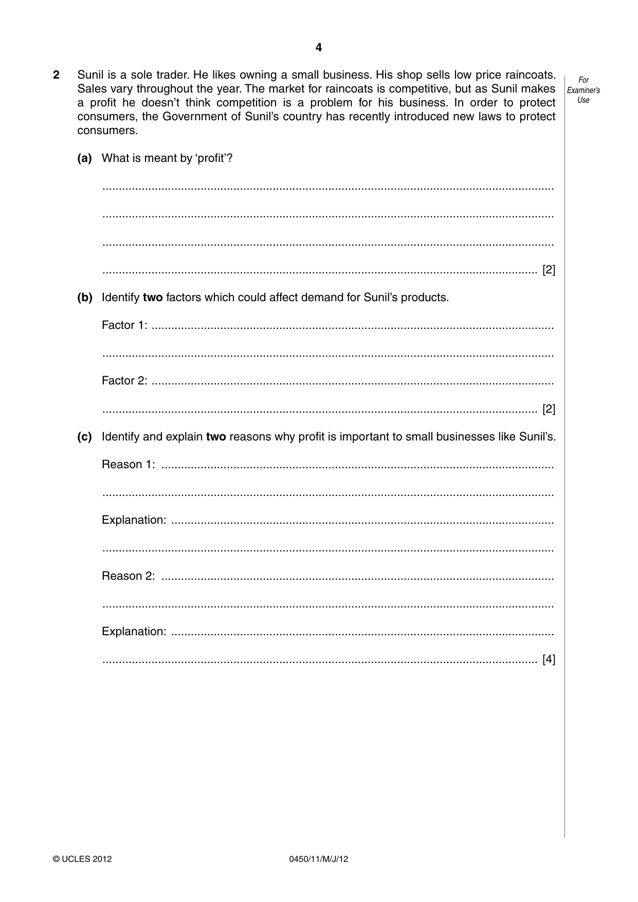 Cambridge IGCSE Business Studies 0450 2012 May/June Paper 1 · Variant 1 question paper, page 4 of 12