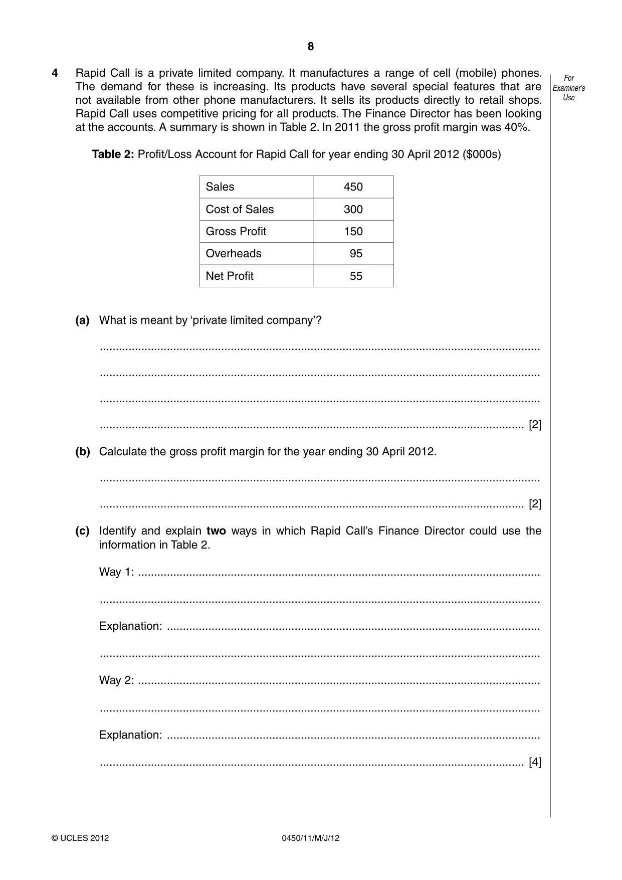 Cambridge IGCSE Business Studies 0450 2012 May/June Paper 1 · Variant 1 question paper, page 8 of 12