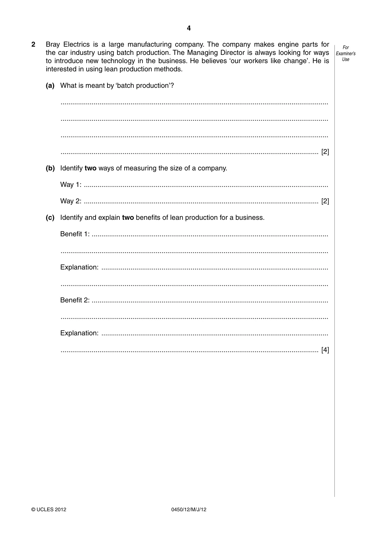 Cambridge IGCSE Business Studies 0450 2012 May/June Paper 1 · Variant 2 question paper, page 4 of 12