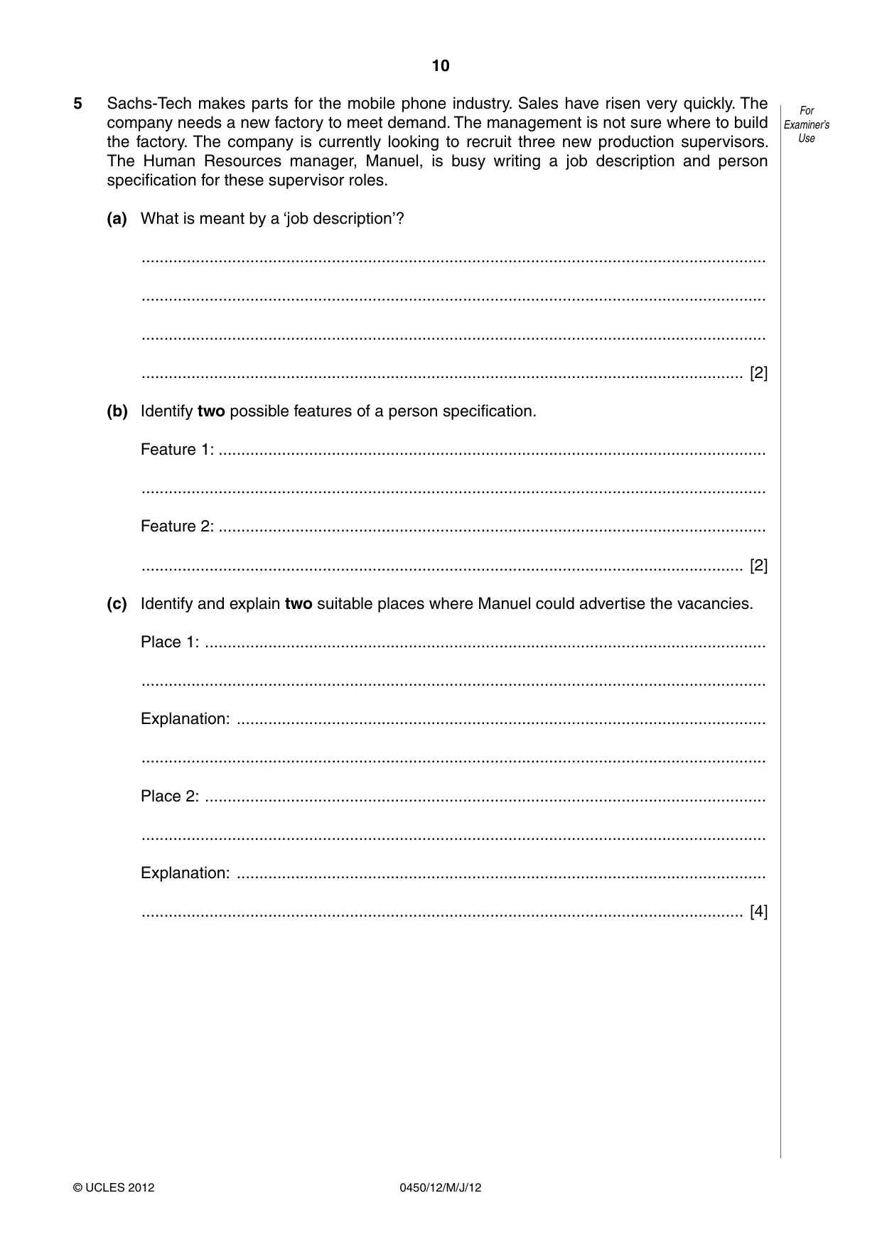 Cambridge IGCSE Business Studies 0450 2012 May/June Paper 1 · Variant 2 question paper, page 10 of 12