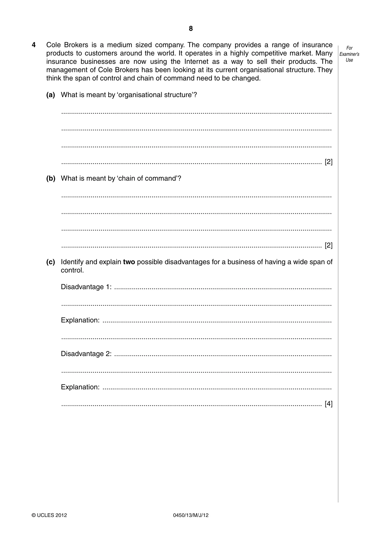Cambridge IGCSE Business Studies 0450 2012 May/June Paper 1 · Variant 3 question paper, page 8 of 12