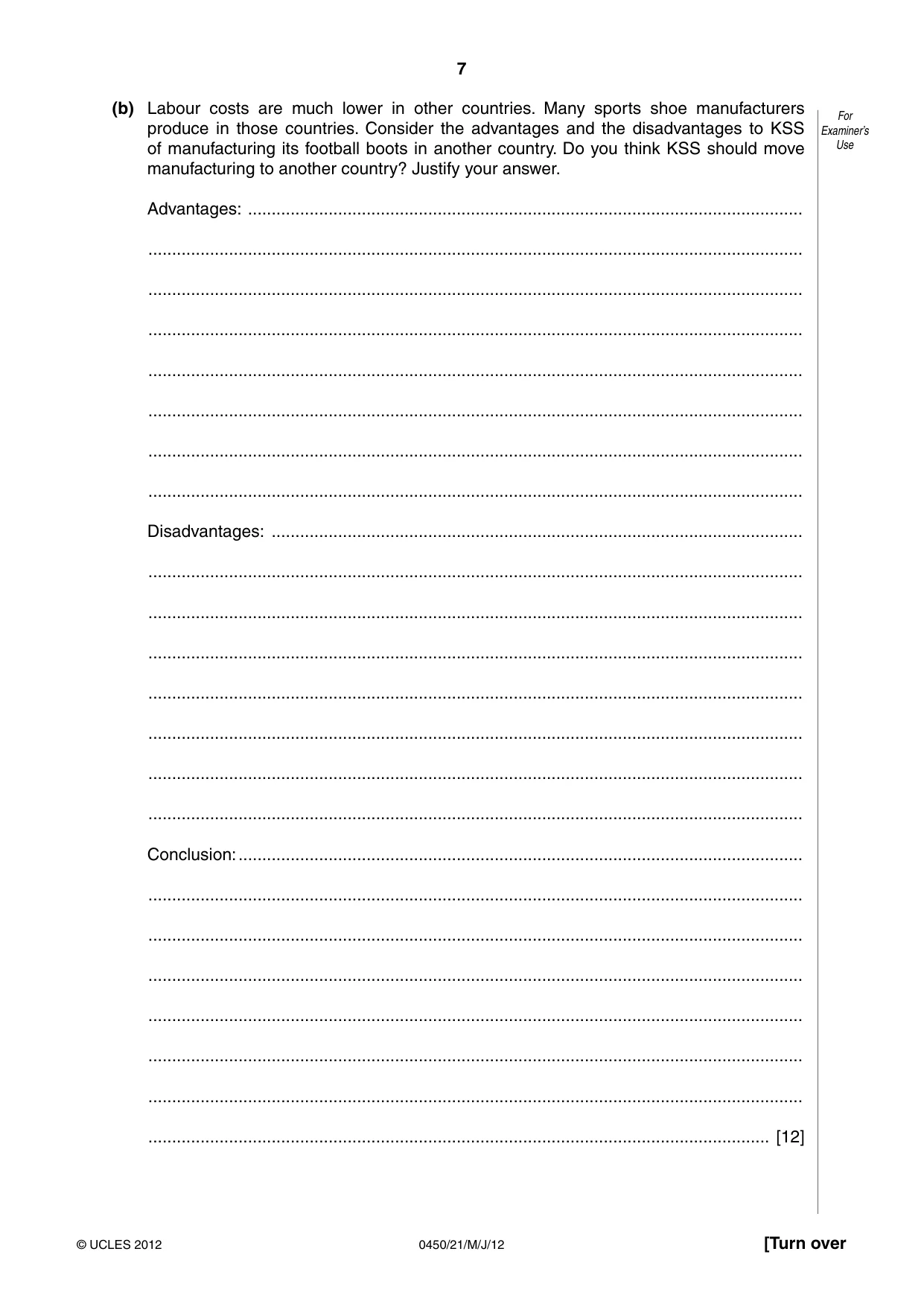 Cambridge IGCSE Business Studies 0450 2012 May/June Paper 2 · Variant 1 question paper, page 7 of 12
