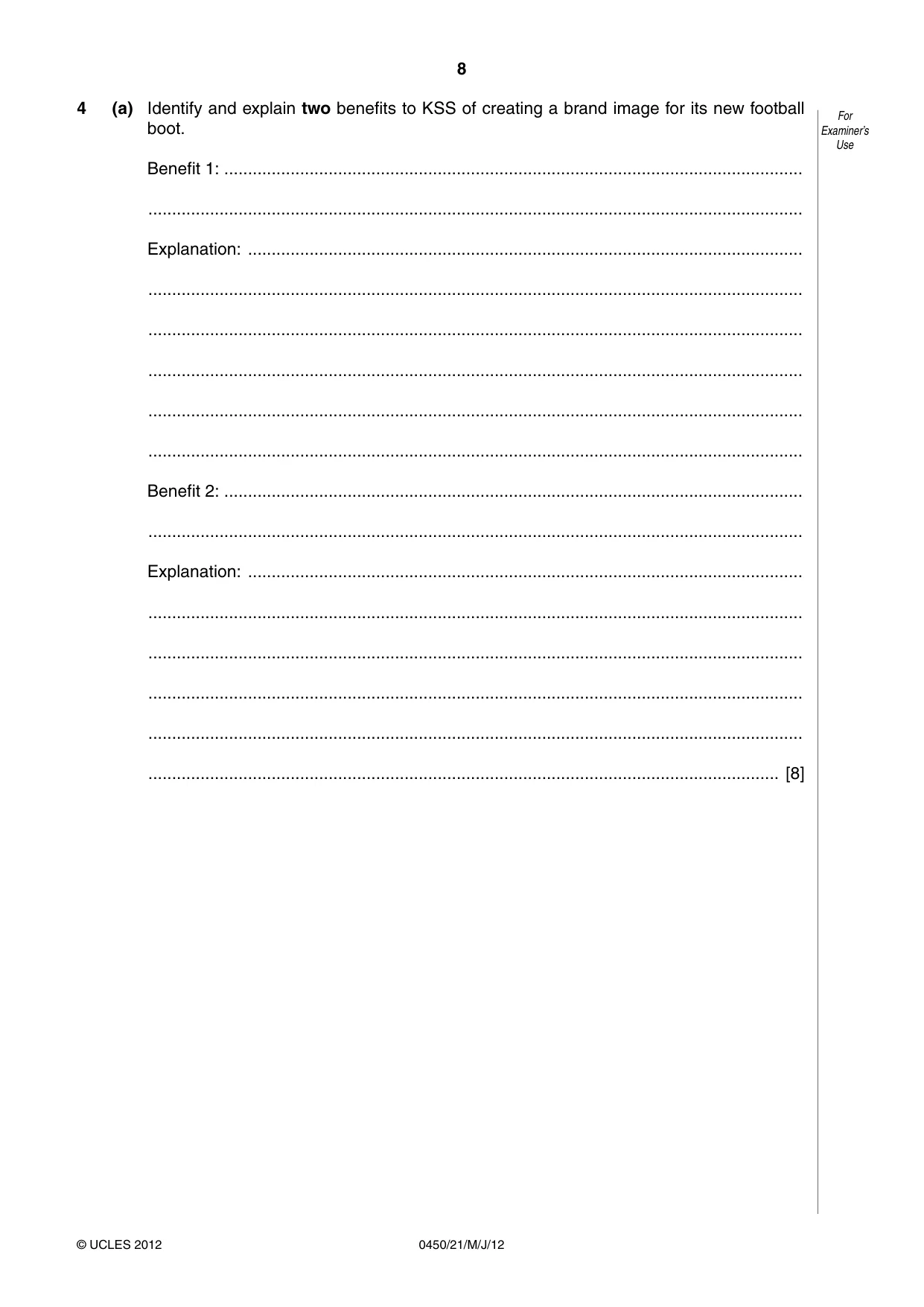 Cambridge IGCSE Business Studies 0450 2012 May/June Paper 2 · Variant 1 question paper, page 8 of 12