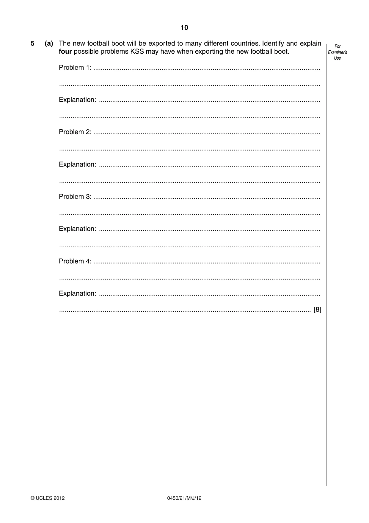 Cambridge IGCSE Business Studies 0450 2012 May/June Paper 2 · Variant 1 question paper, page 10 of 12