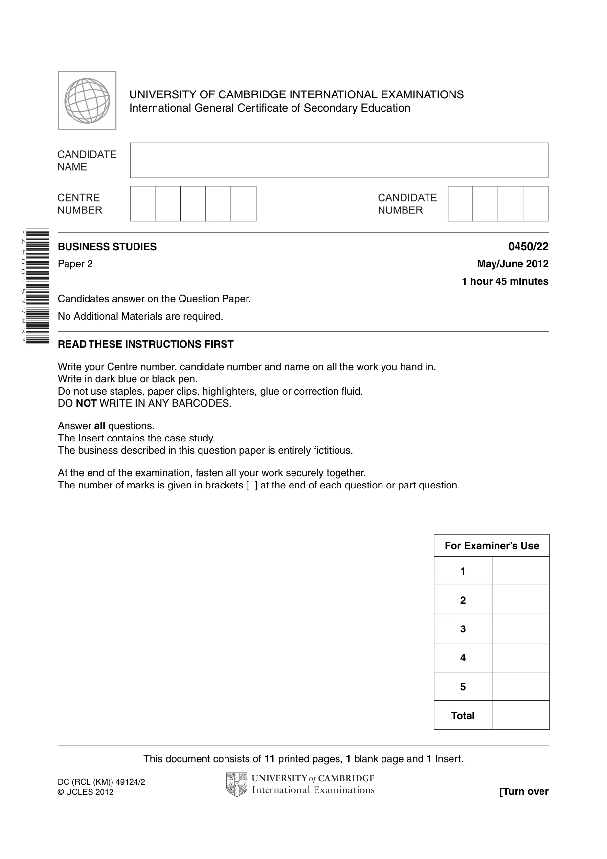 Cambridge IGCSE Business Studies 0450 2012 May/June Paper 2 · Variant 2 question paper, page 1 of 12