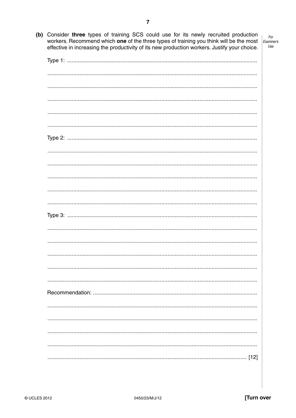 Cambridge IGCSE Business Studies 0450 2012 May/June Paper 2 · Variant 3 question paper, page 7 of 12