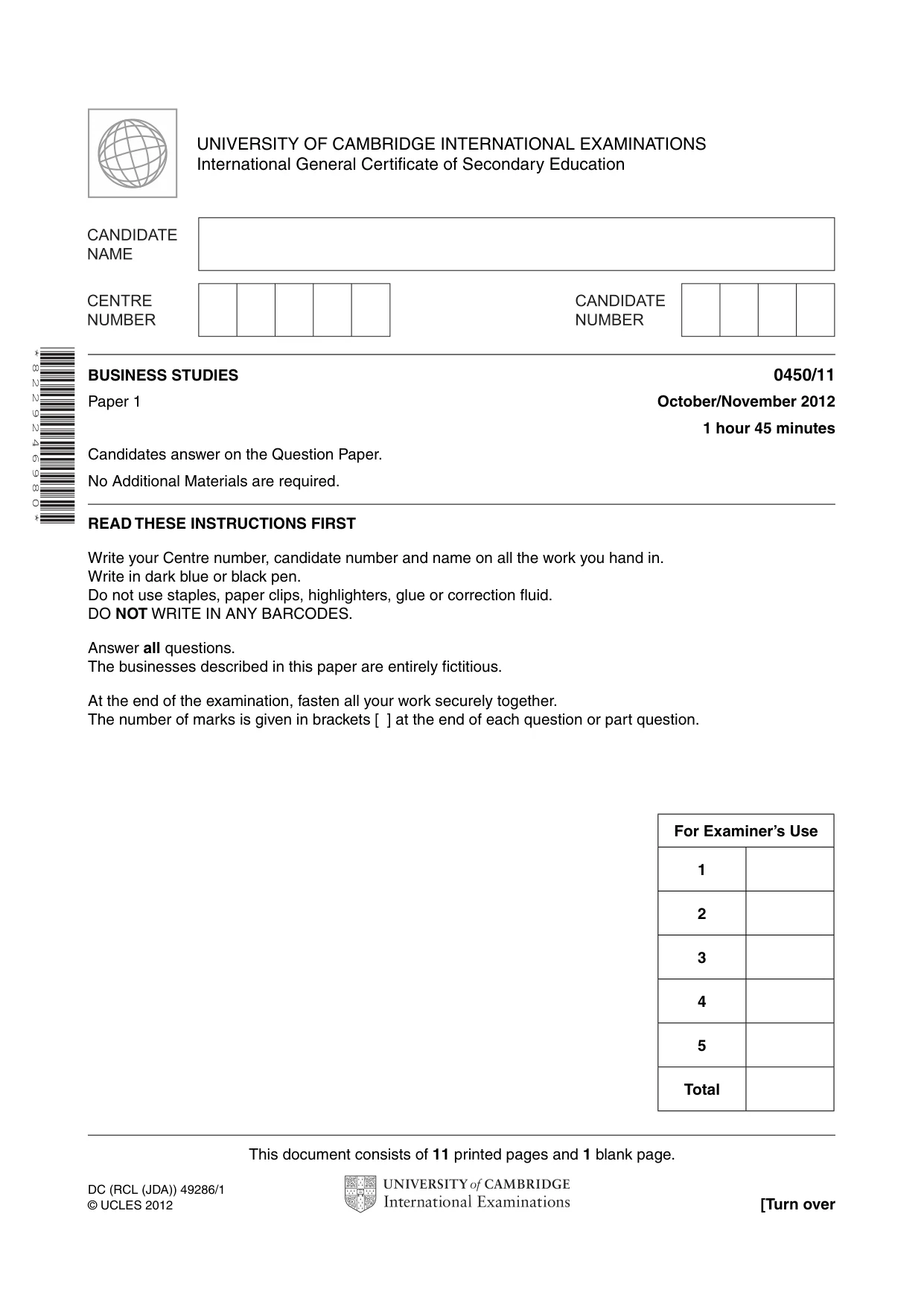 Cambridge IGCSE Business Studies 0450 2012 Oct/Nov Paper 1 · Variant 1 question paper, page 1 of 12