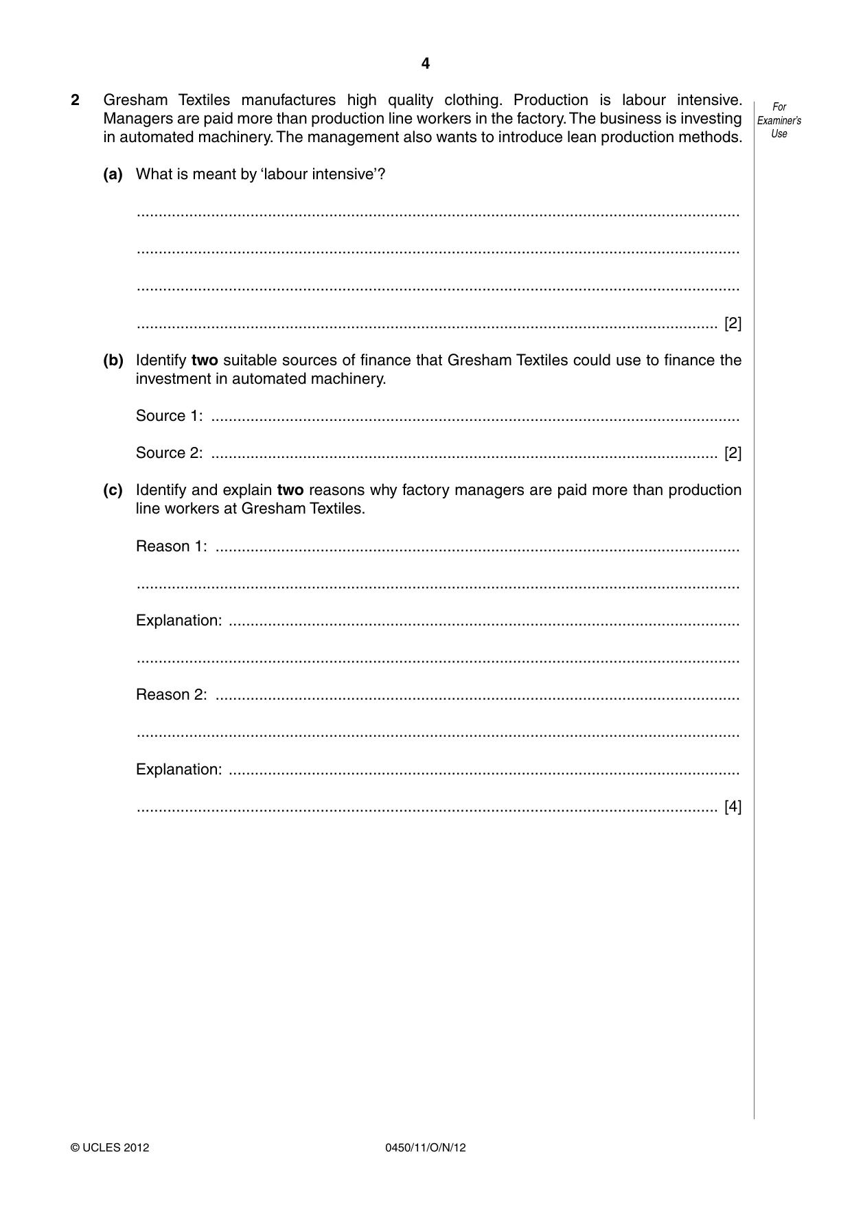 Cambridge IGCSE Business Studies 0450 2012 Oct/Nov Paper 1 · Variant 1 question paper, page 4 of 12