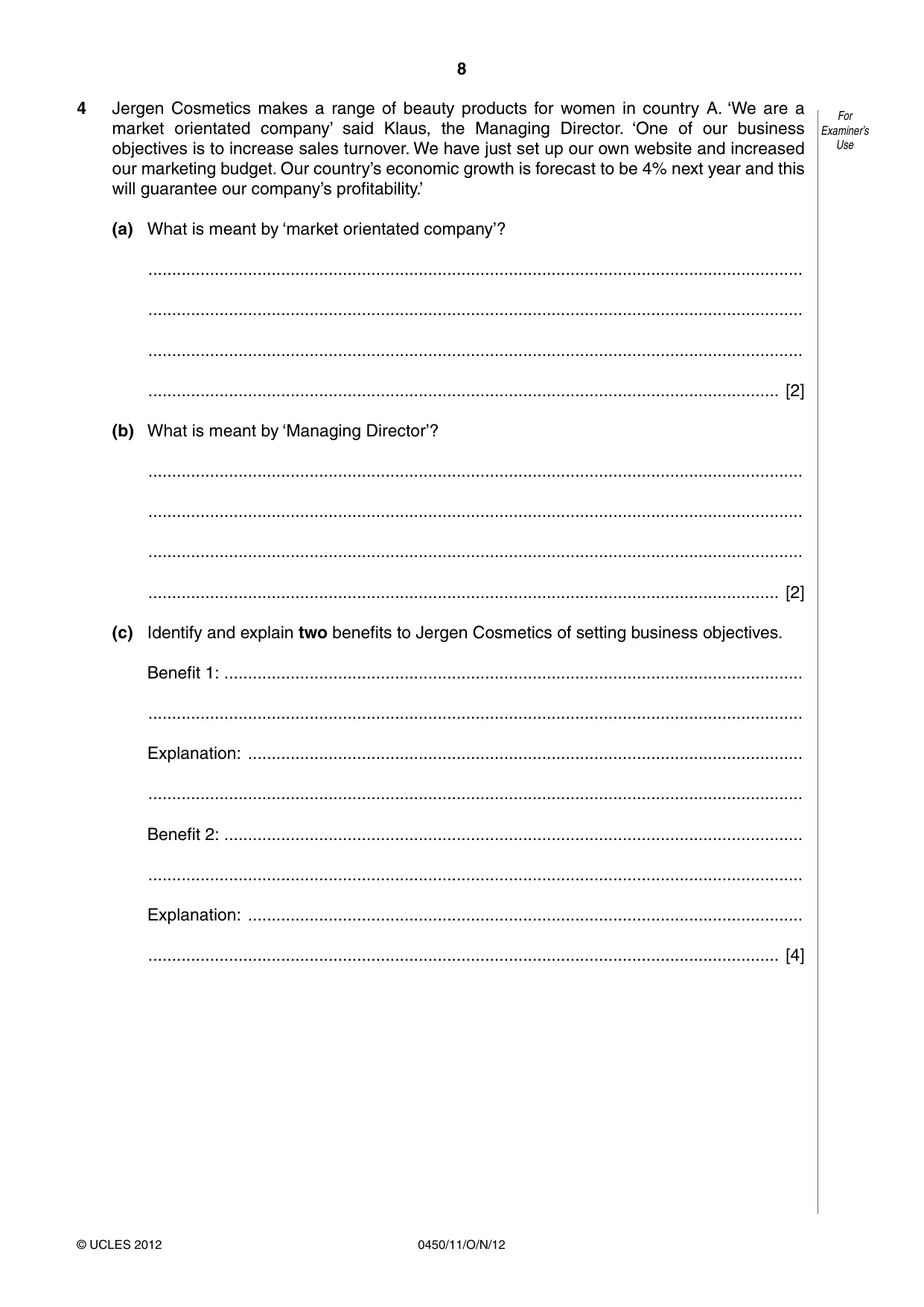 Cambridge IGCSE Business Studies 0450 2012 Oct/Nov Paper 1 · Variant 1 question paper, page 8 of 12