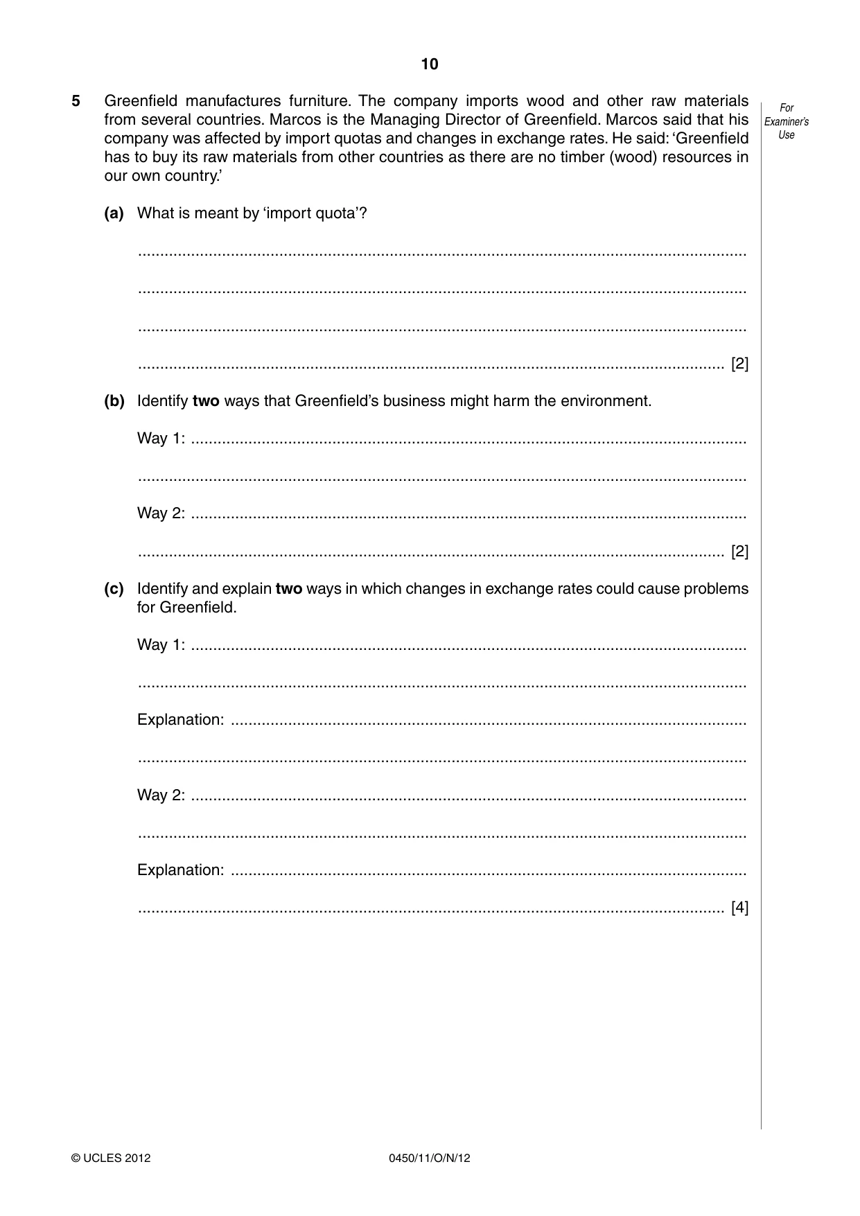 Cambridge IGCSE Business Studies 0450 2012 Oct/Nov Paper 1 · Variant 1 question paper, page 10 of 12