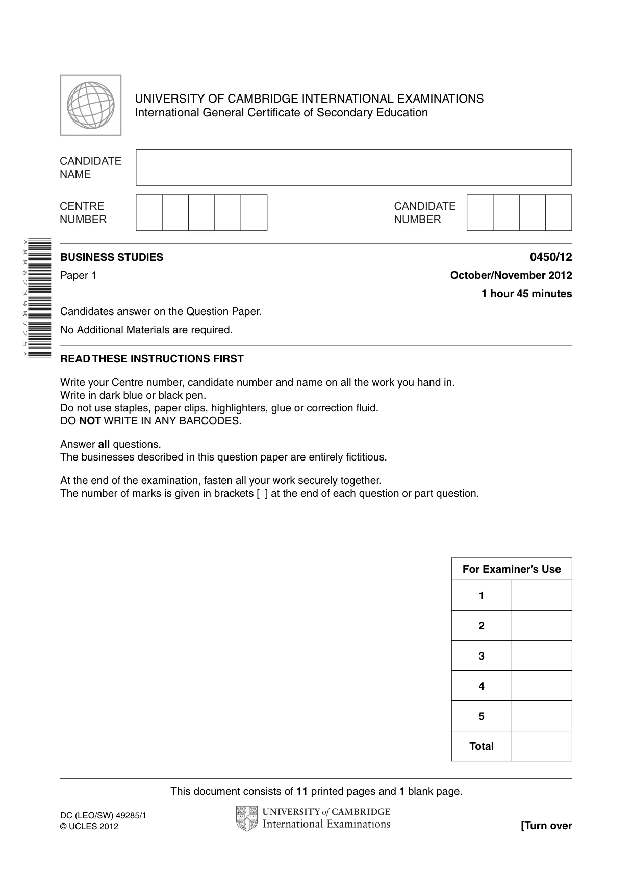 Cambridge IGCSE Business Studies 0450 2012 Oct/Nov Paper 1 · Variant 2 question paper, page 1 of 12