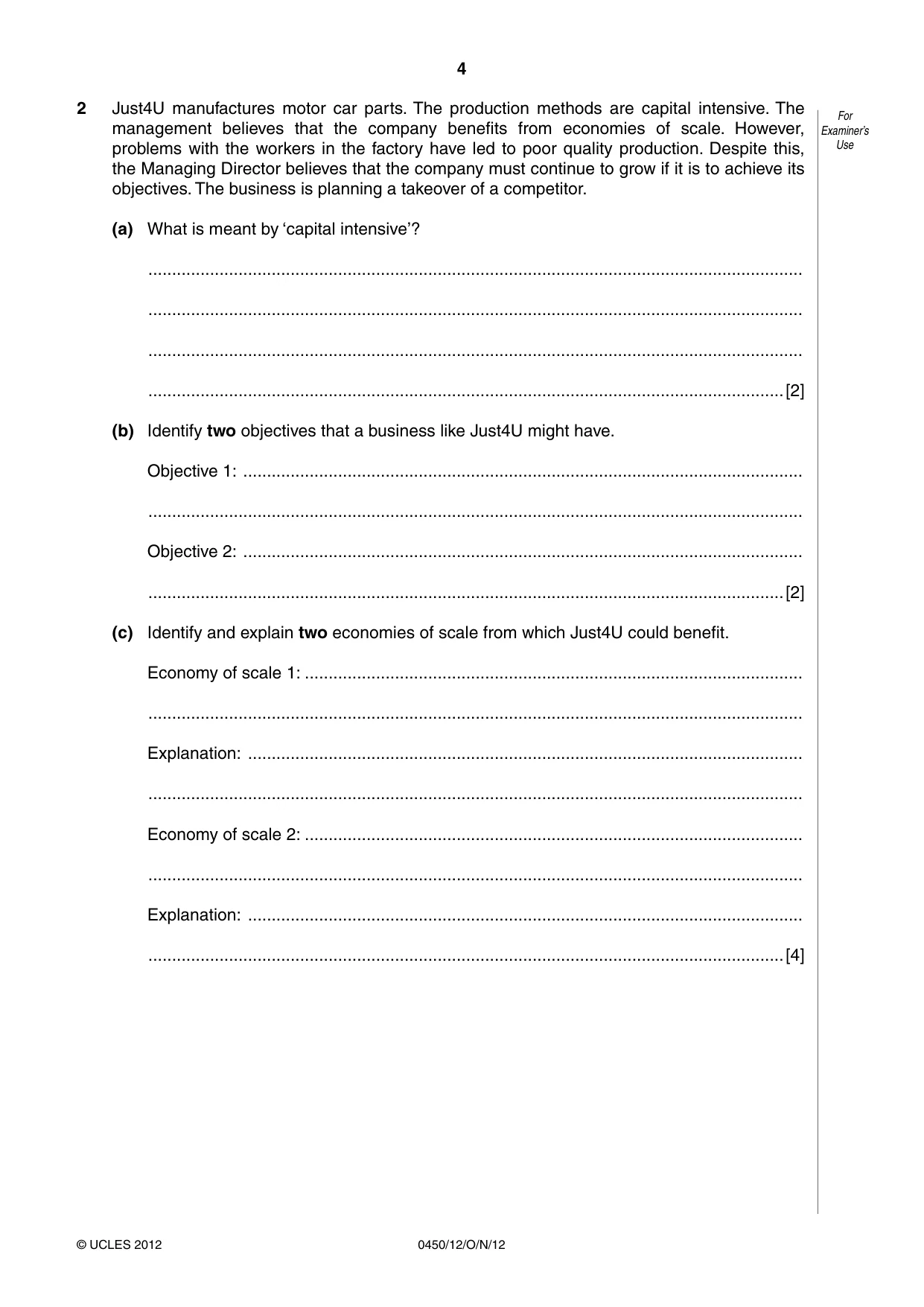 Cambridge IGCSE Business Studies 0450 2012 Oct/Nov Paper 1 · Variant 2 question paper, page 4 of 12