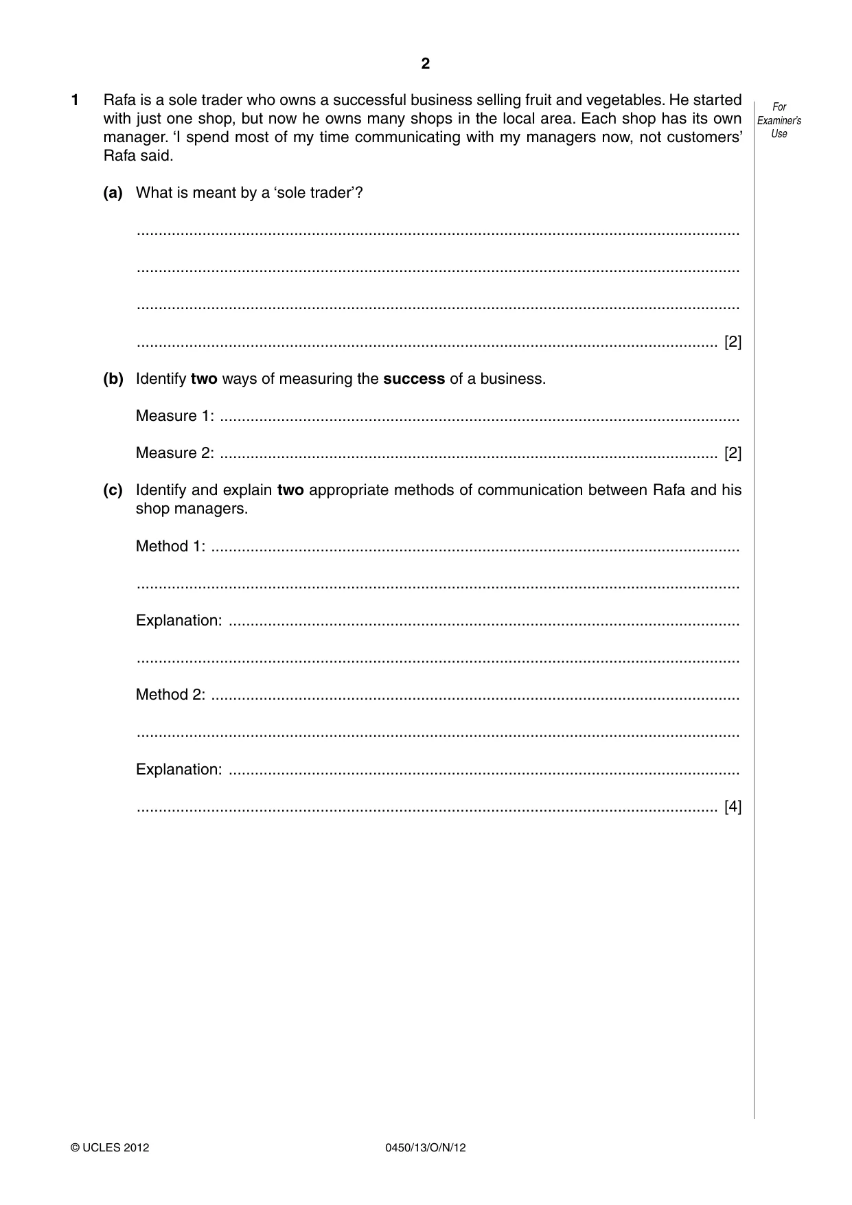 Cambridge IGCSE Business Studies 0450 2012 Oct/Nov Paper 1 · Variant 3 question paper, page 2 of 12
