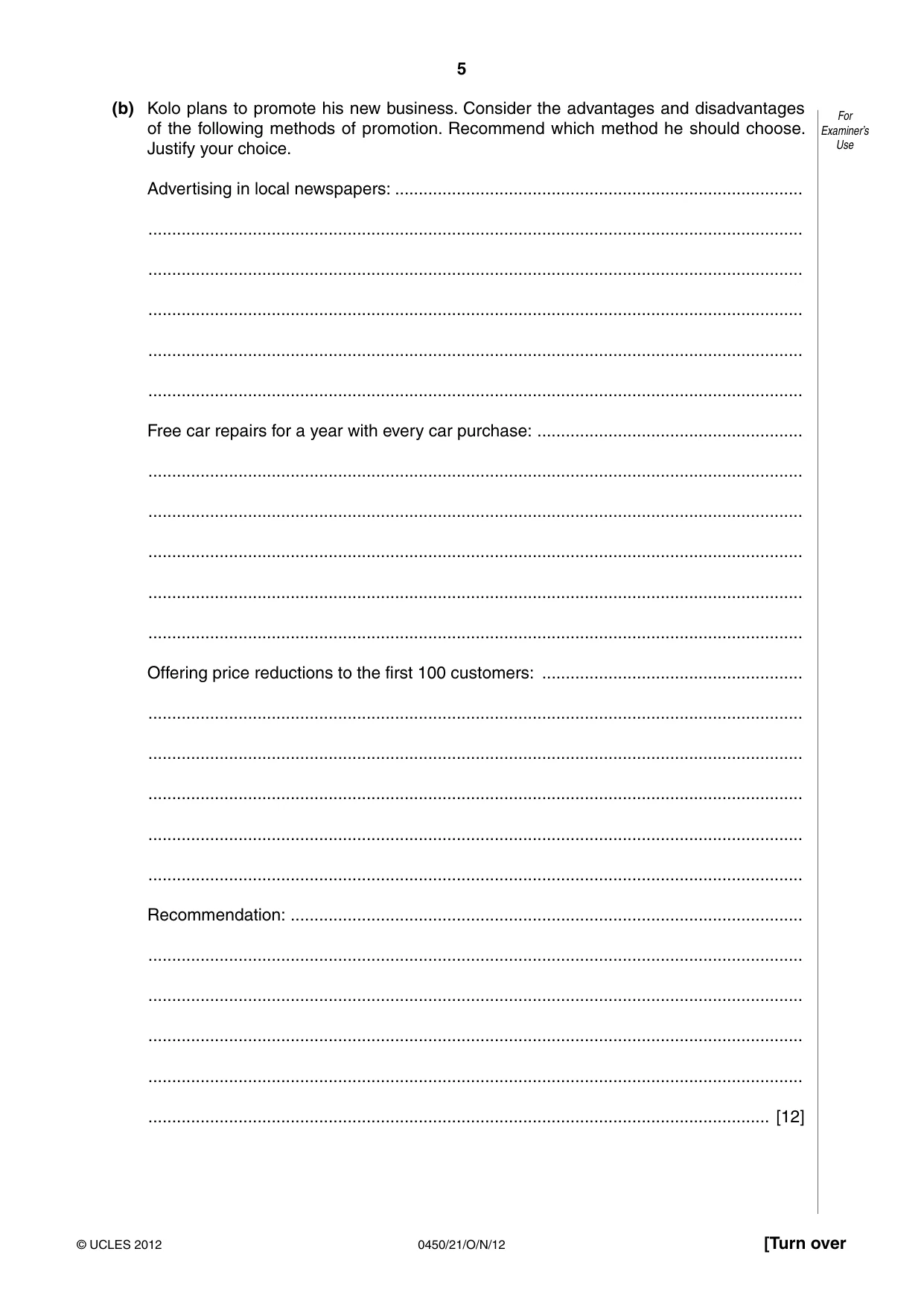 Cambridge IGCSE Business Studies 0450 2012 Oct/Nov Paper 2 · Variant 1 question paper, page 5 of 12