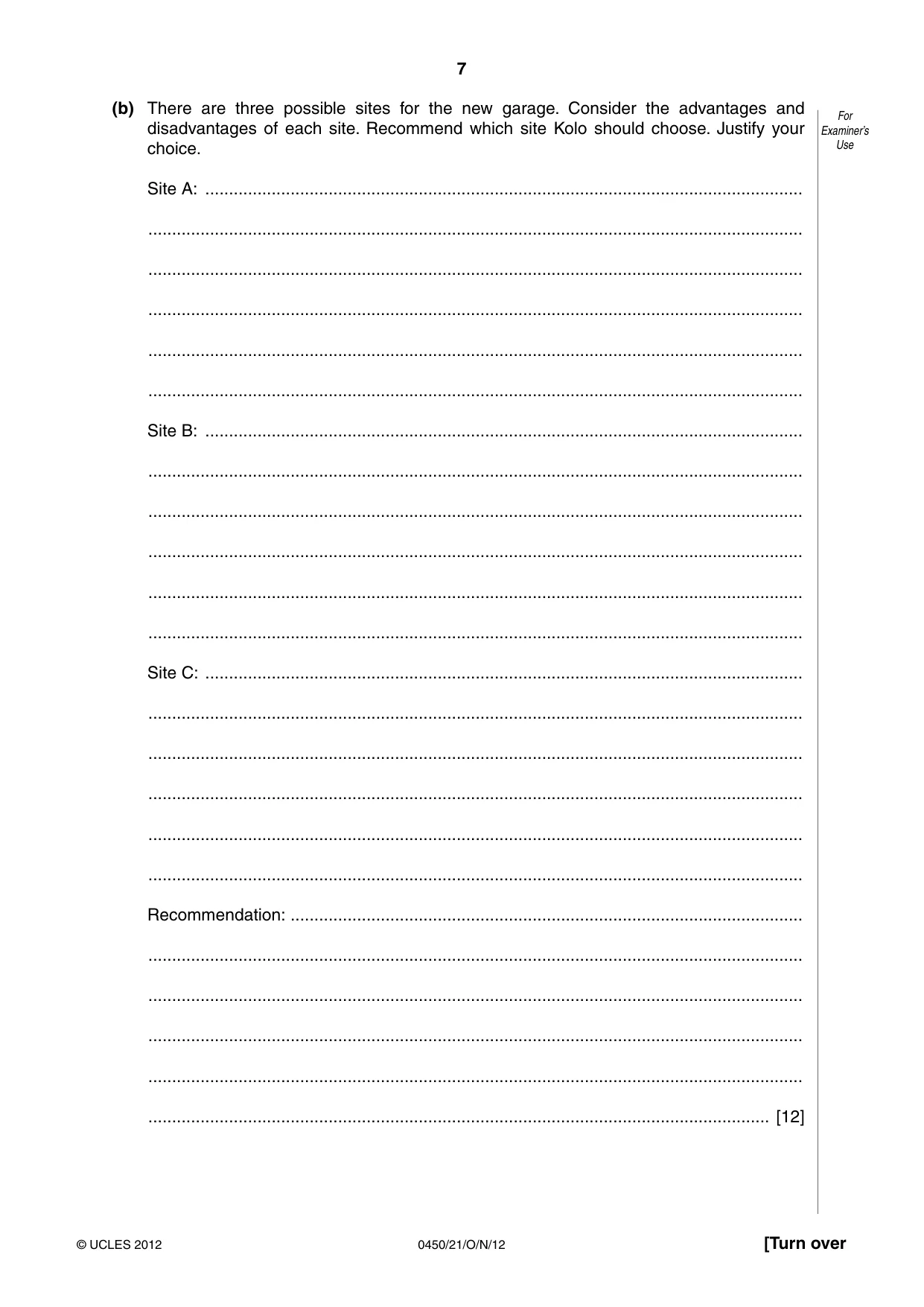 Cambridge IGCSE Business Studies 0450 2012 Oct/Nov Paper 2 · Variant 1 question paper, page 7 of 12
