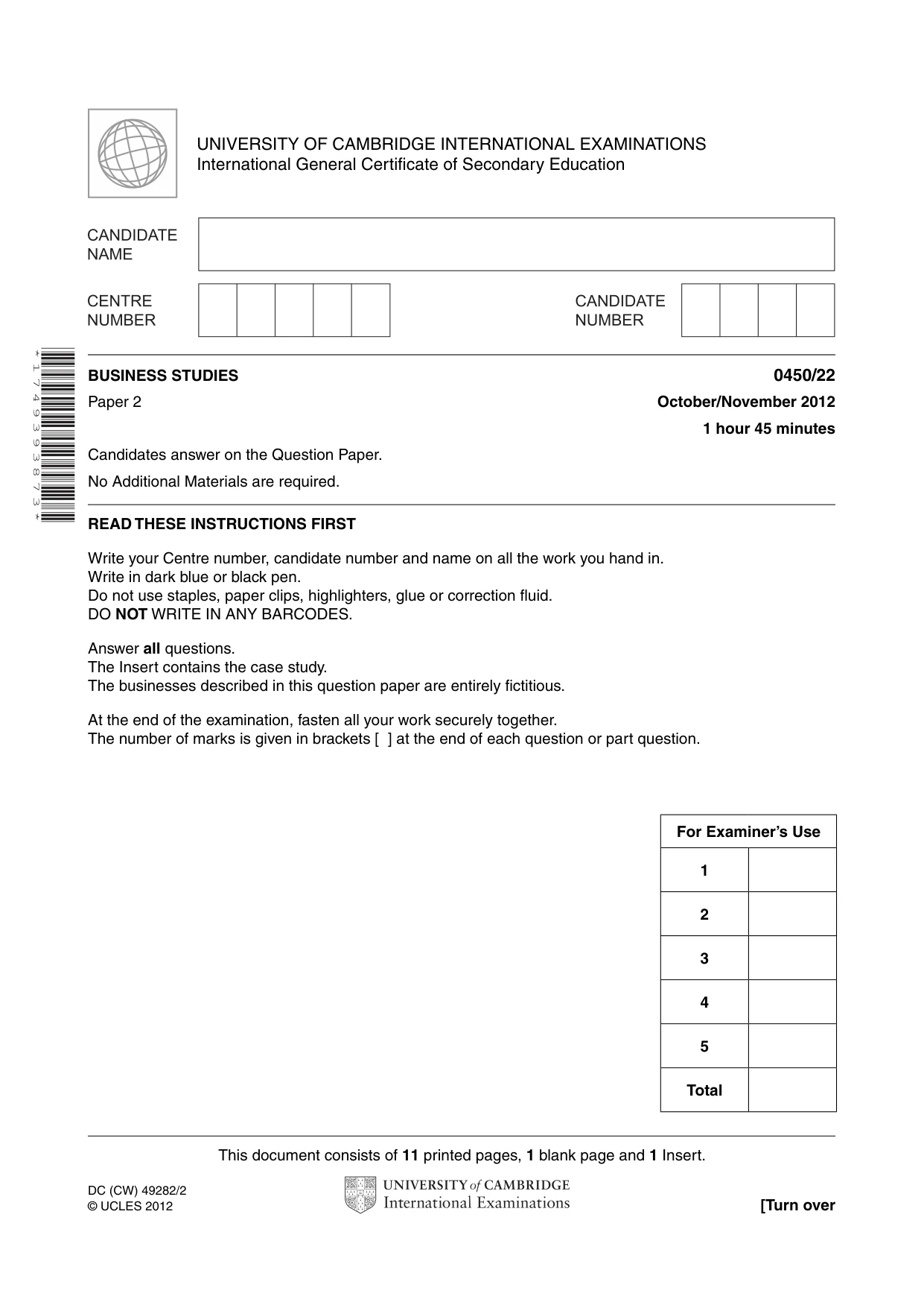 Cambridge IGCSE Business Studies 0450 2012 Oct/Nov Paper 2 · Variant 2 question paper, page 1 of 12