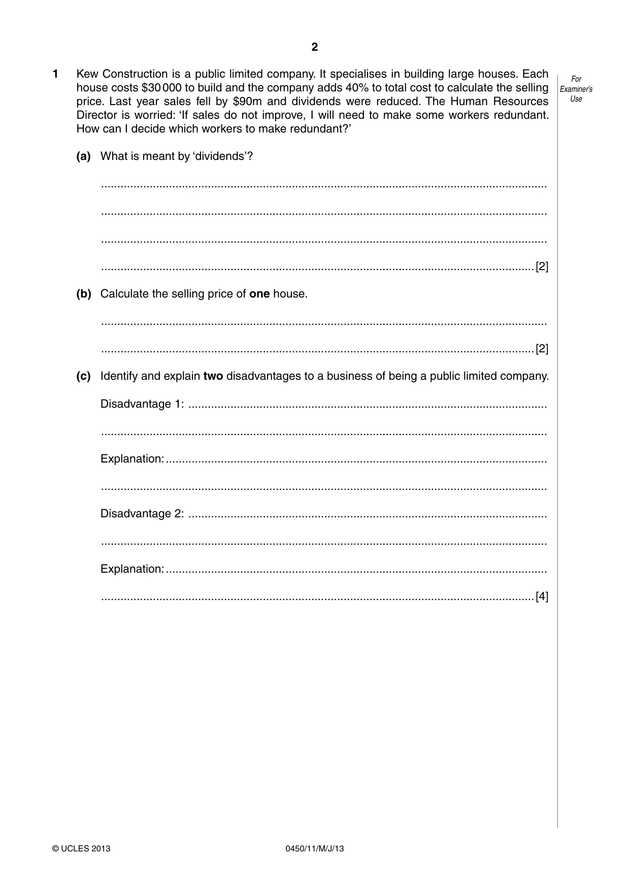 Cambridge IGCSE Business Studies 0450 2013 May/June Paper 1 · Variant 1 question paper, page 2 of 12
