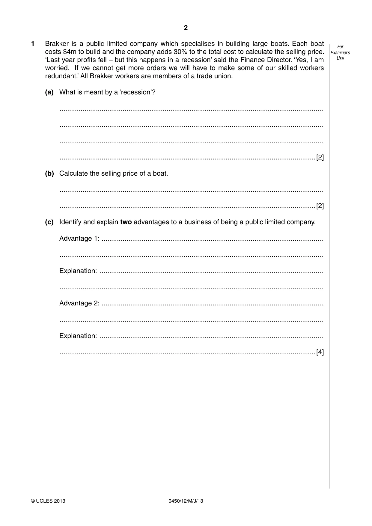 Cambridge IGCSE Business Studies 0450 2013 May/June Paper 1 · Variant 2 question paper, page 2 of 12