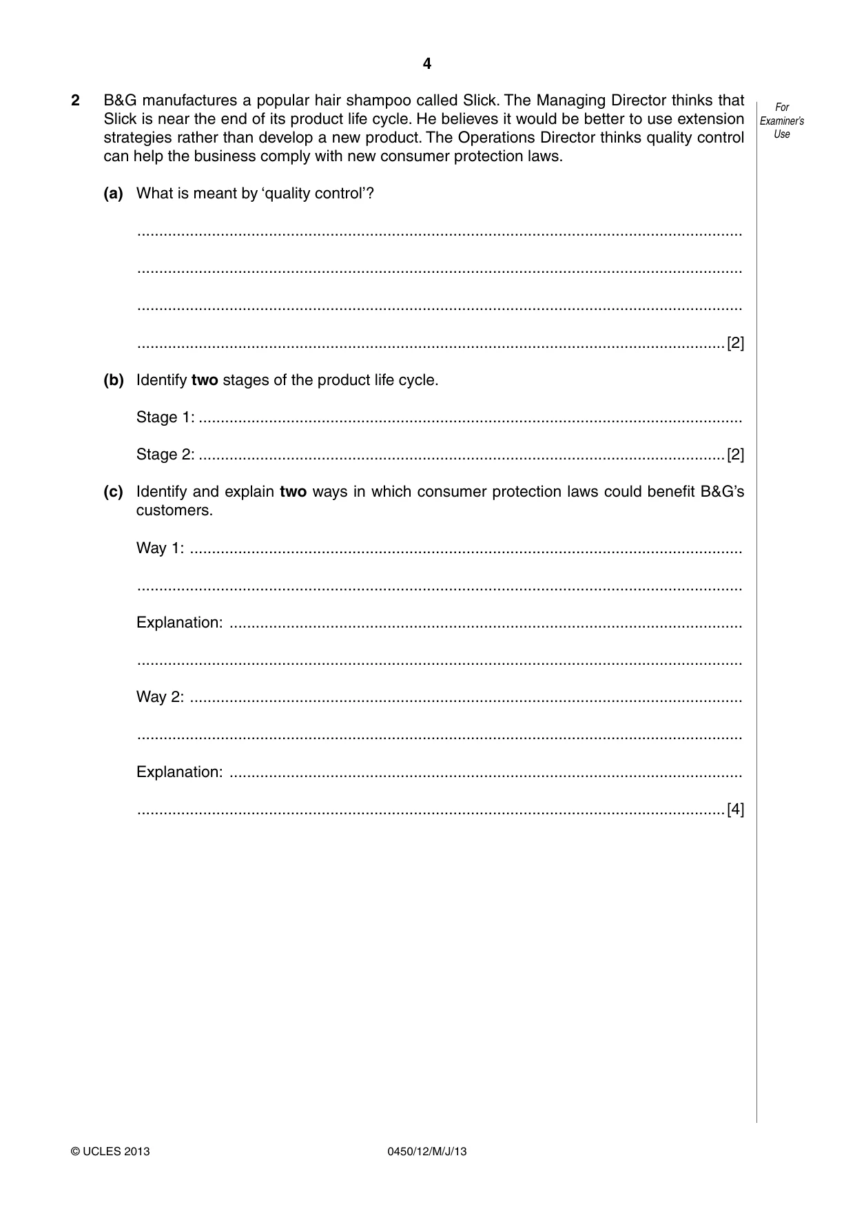 Cambridge IGCSE Business Studies 0450 2013 May/June Paper 1 · Variant 2 question paper, page 4 of 12