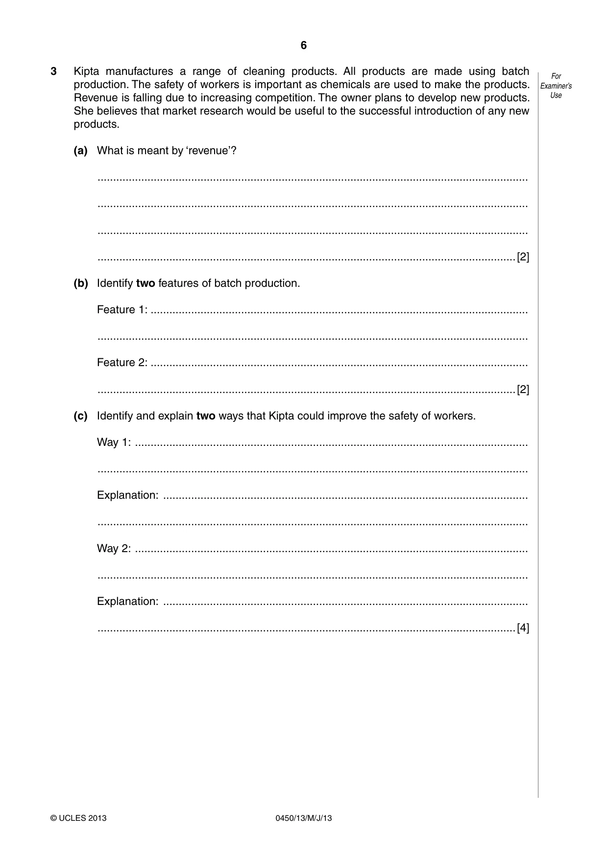 Cambridge IGCSE Business Studies 0450 2013 May/June Paper 1 · Variant 3 question paper, page 6 of 12