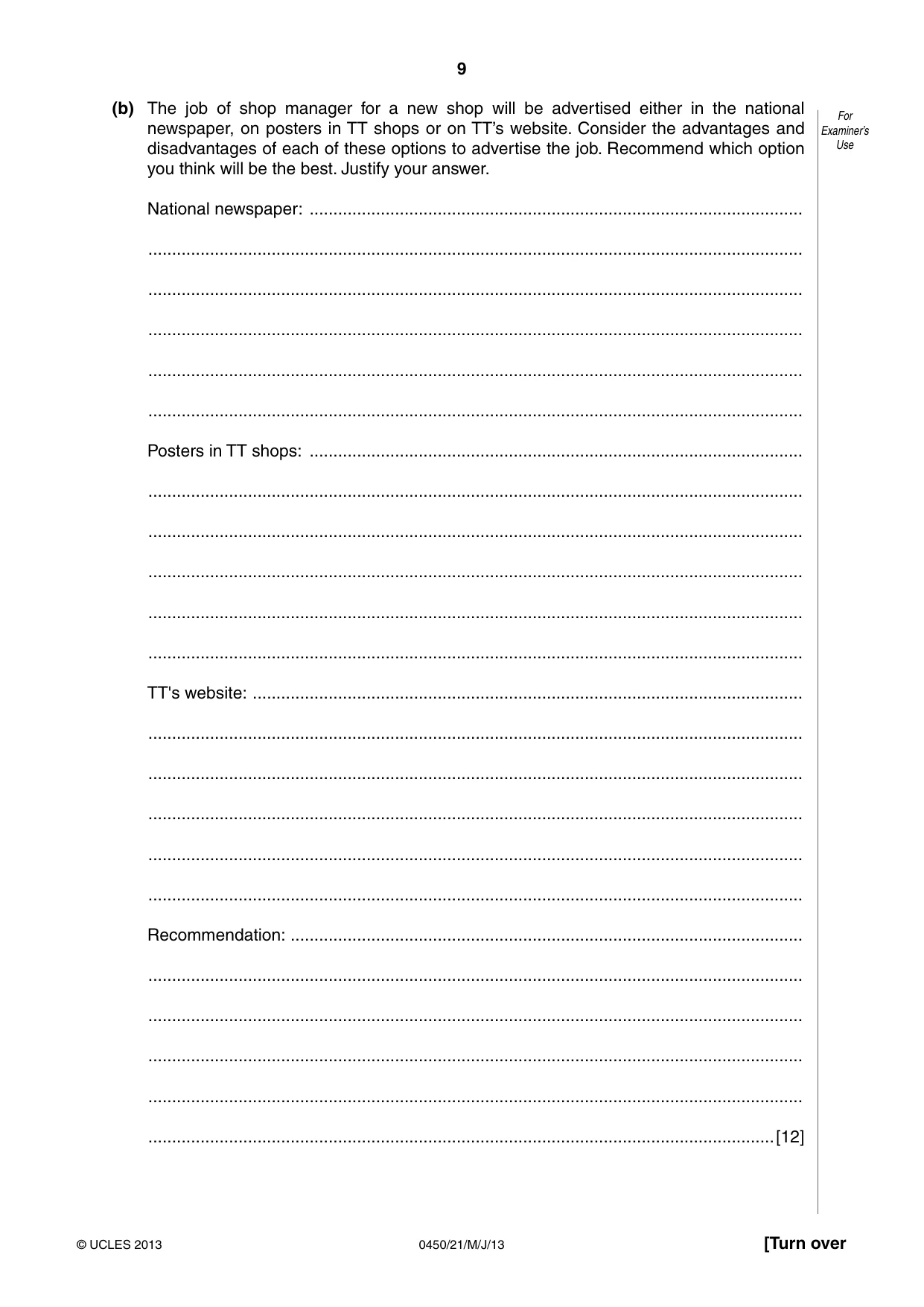 Cambridge IGCSE Business Studies 0450 2013 May/June Paper 2 · Variant 1 question paper, page 9 of 12