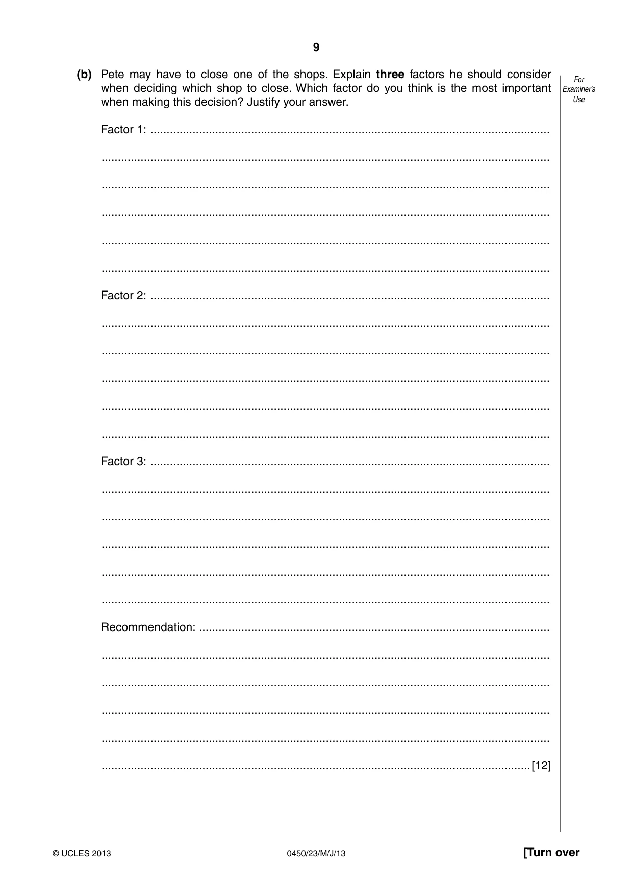 Cambridge IGCSE Business Studies 0450 2013 May/June Paper 2 · Variant 3 question paper, page 9 of 12