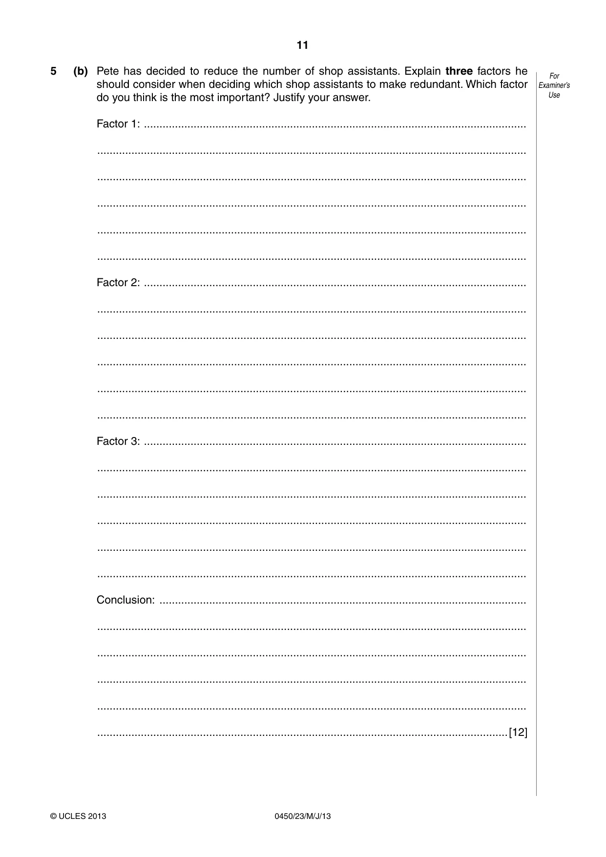 Cambridge IGCSE Business Studies 0450 2013 May/June Paper 2 · Variant 3 question paper, page 11 of 12