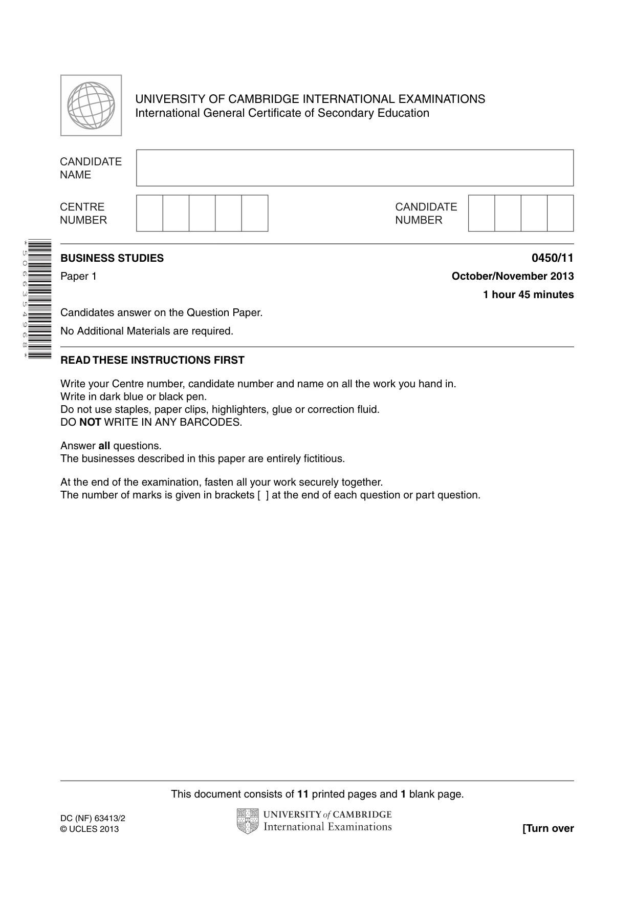 Cambridge IGCSE Business Studies 0450 2013 Oct/Nov Paper 1 · Variant 1 question paper, page 1 of 12