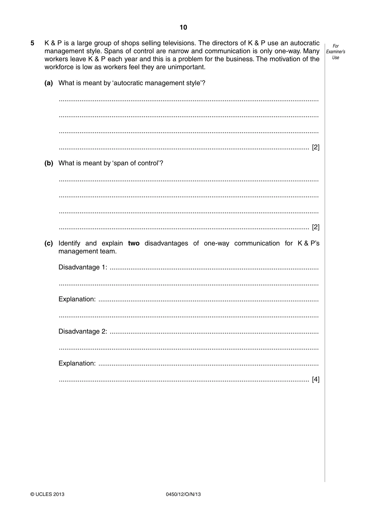 Cambridge IGCSE Business Studies 0450 2013 Oct/Nov Paper 1 · Variant 2 question paper, page 10 of 12