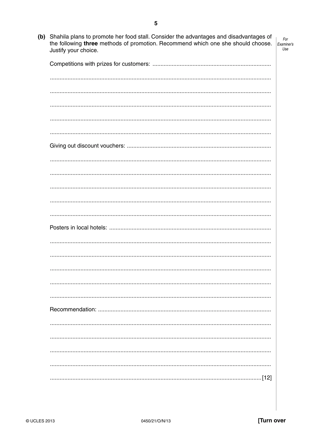 Cambridge IGCSE Business Studies 0450 2013 Oct/Nov Paper 2 · Variant 1 question paper, page 5 of 12