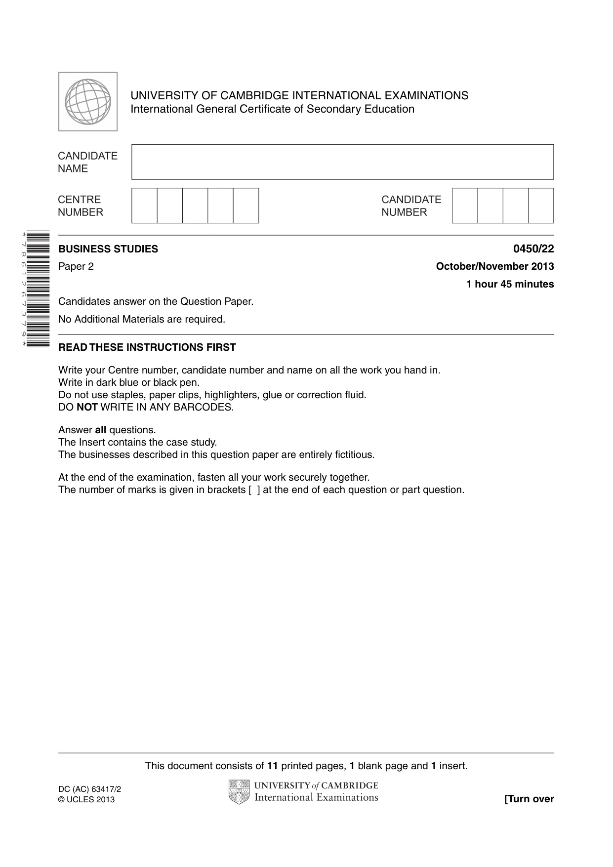 Cambridge IGCSE Business Studies 0450 2013 Oct/Nov Paper 2 · Variant 2 question paper, page 1 of 12
