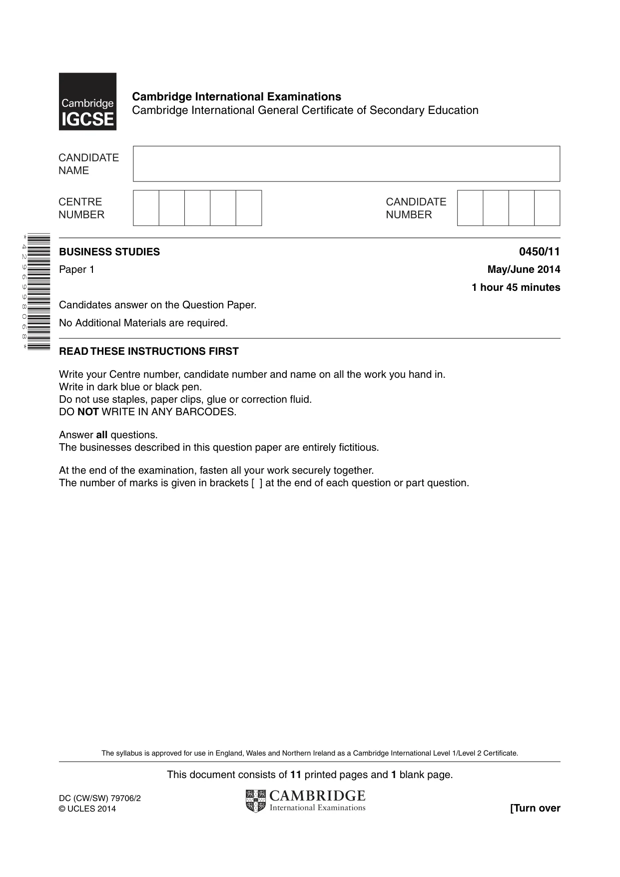 Cambridge IGCSE Business Studies 0450 2014 May/June Paper 1 · Variant 1 question paper, page 1 of 12
