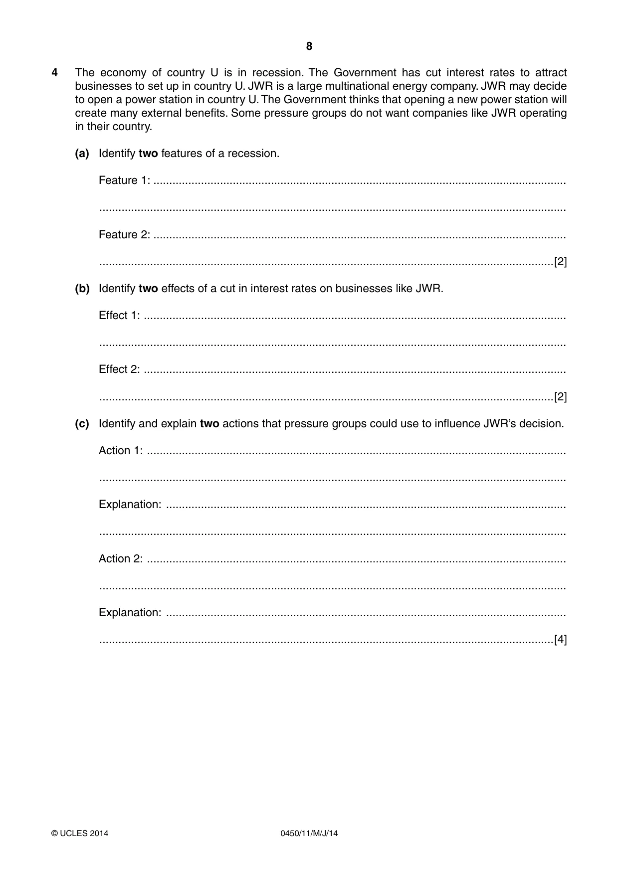Cambridge IGCSE Business Studies 0450 2014 May/June Paper 1 · Variant 1 question paper, page 8 of 12