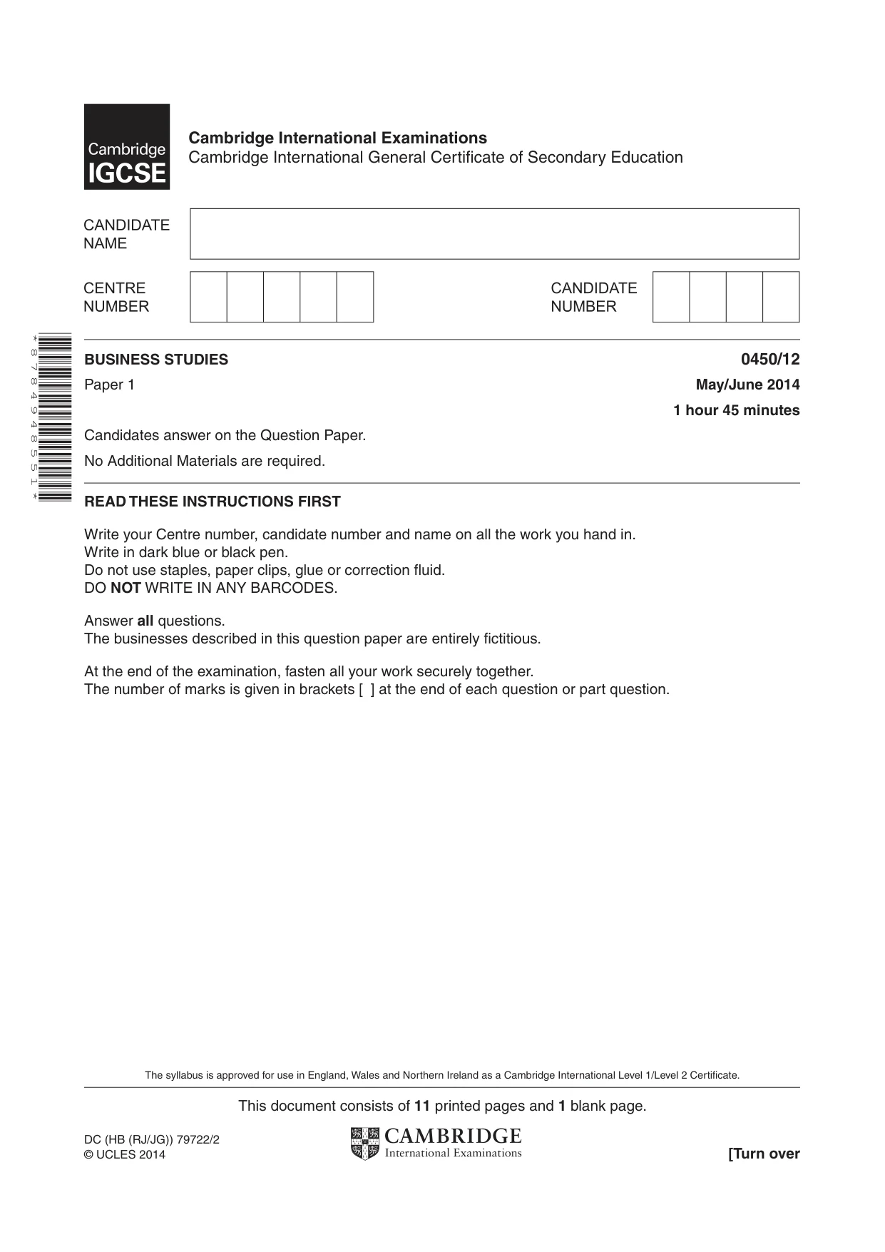 Cambridge IGCSE Business Studies 0450 2014 May/June Paper 1 · Variant 2 question paper, page 1 of 12