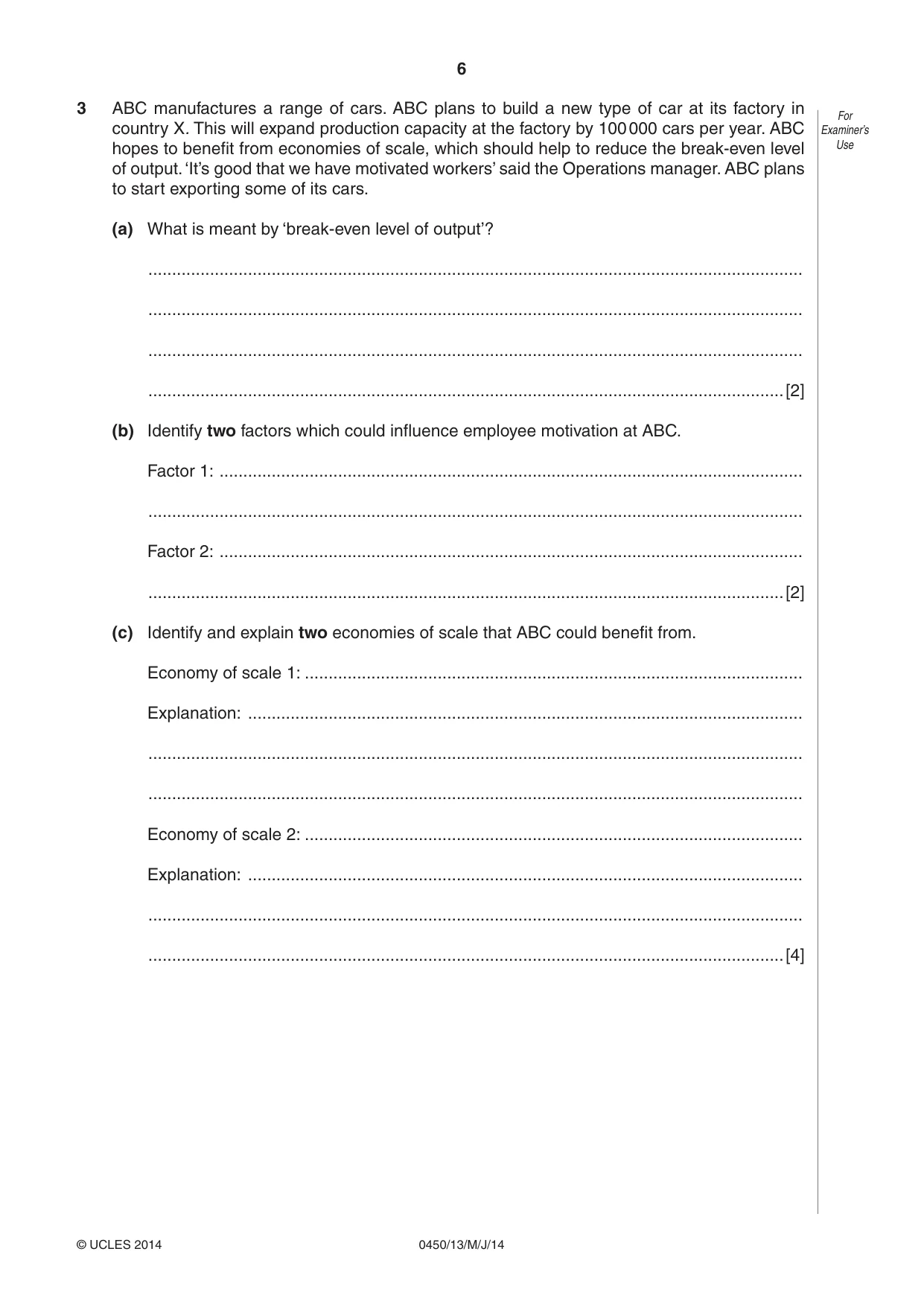 Cambridge IGCSE Business Studies 0450 2014 May/June Paper 1 · Variant 3 question paper, page 6 of 12