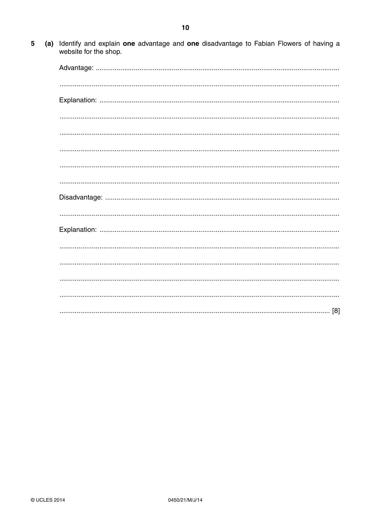 Cambridge IGCSE Business Studies 0450 2014 May/June Paper 2 · Variant 1 question paper, page 10 of 12