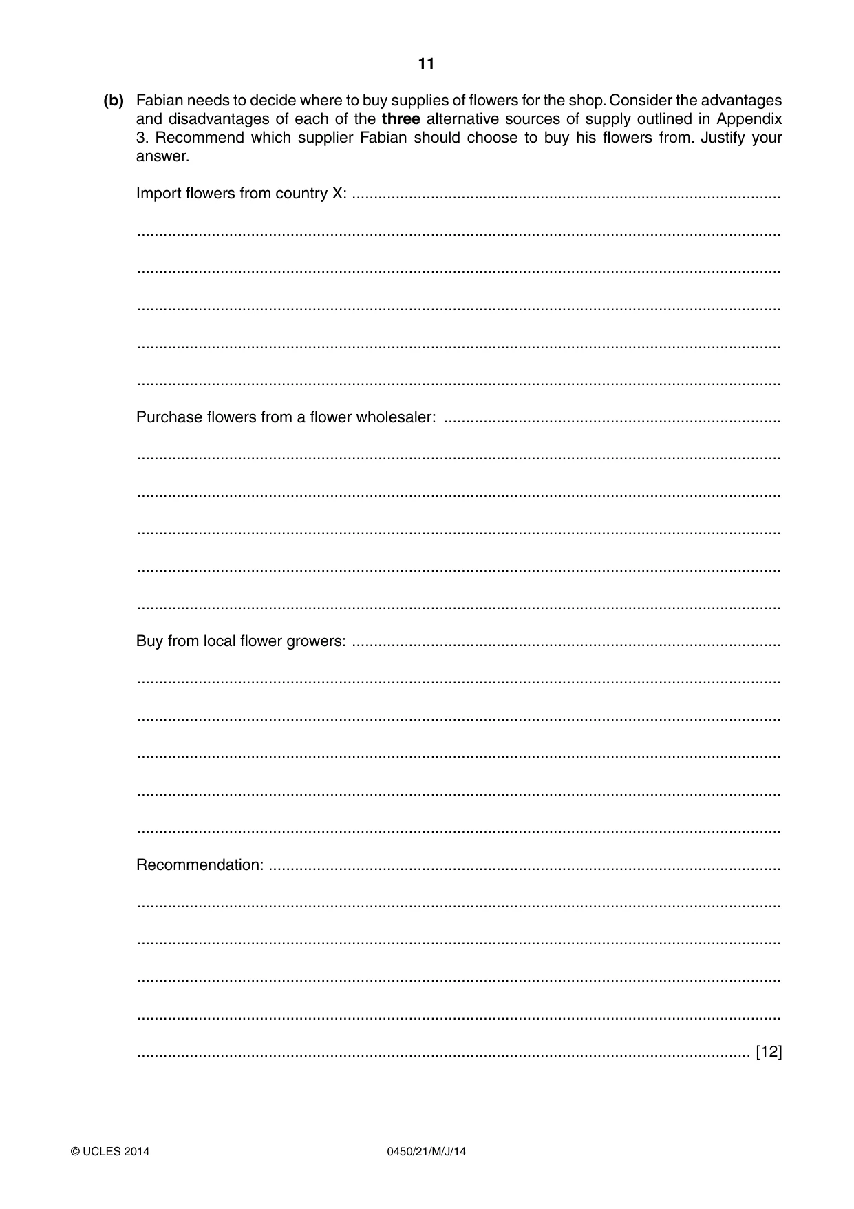 Cambridge IGCSE Business Studies 0450 2014 May/June Paper 2 · Variant 1 question paper, page 11 of 12
