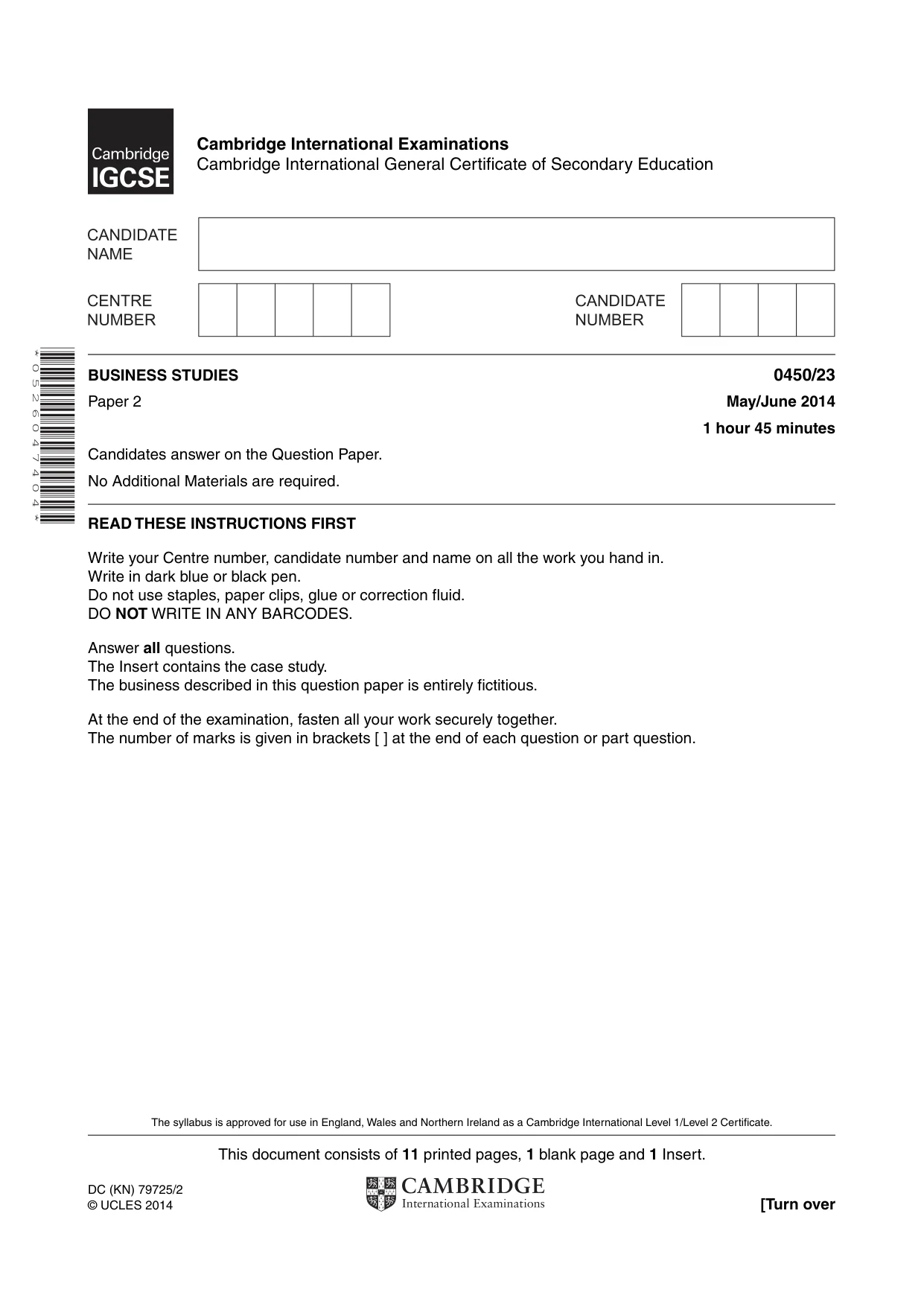 Cambridge IGCSE Business Studies 0450 2014 May/June Paper 2 · Variant 3 question paper, page 1 of 12