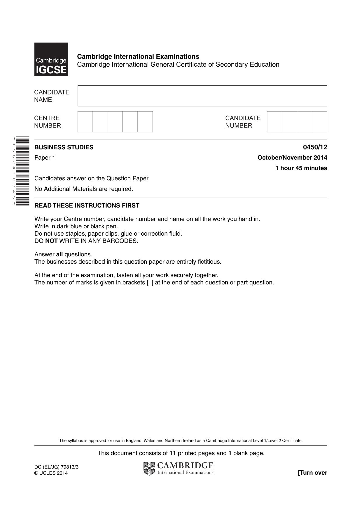 Cambridge IGCSE Business Studies 0450 2014 Oct/Nov Paper 1 · Variant 2 question paper, page 1 of 12