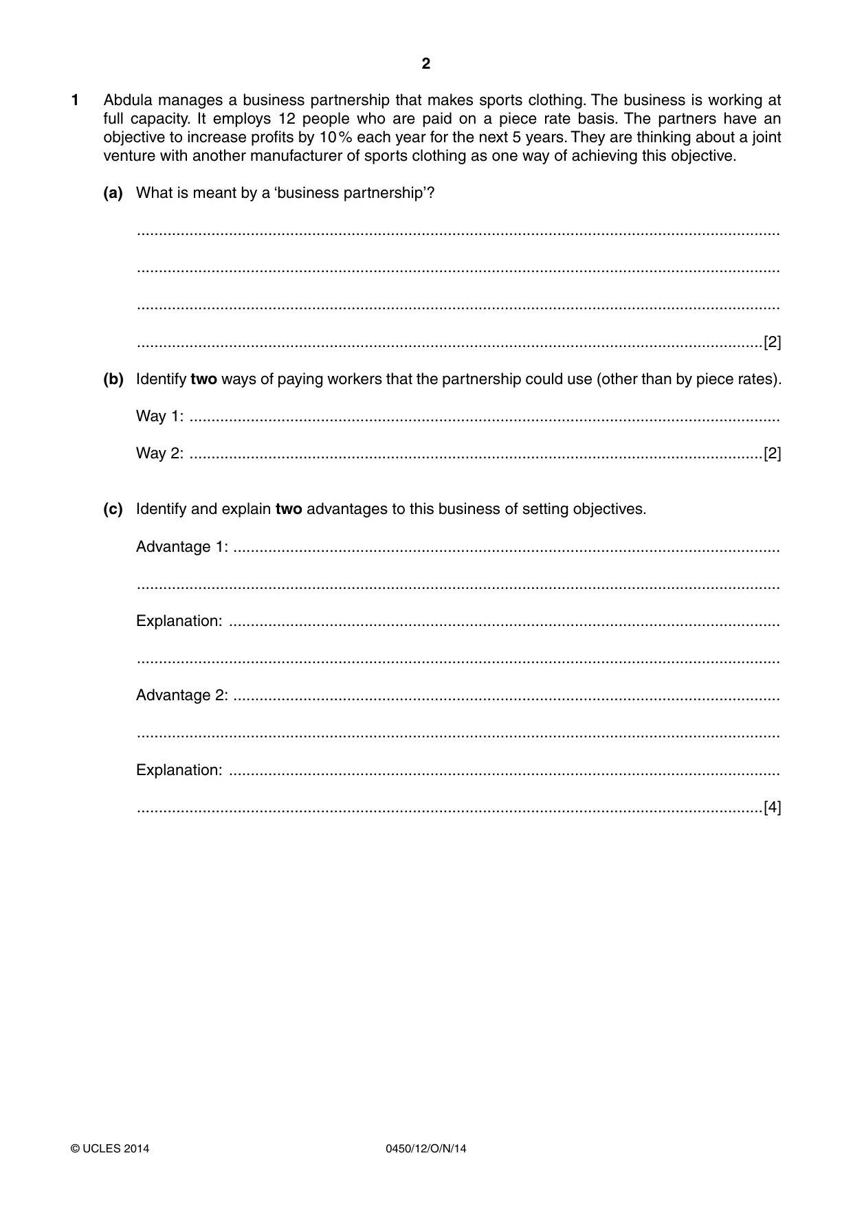 Cambridge IGCSE Business Studies 0450 2014 Oct/Nov Paper 1 · Variant 2 question paper, page 2 of 12