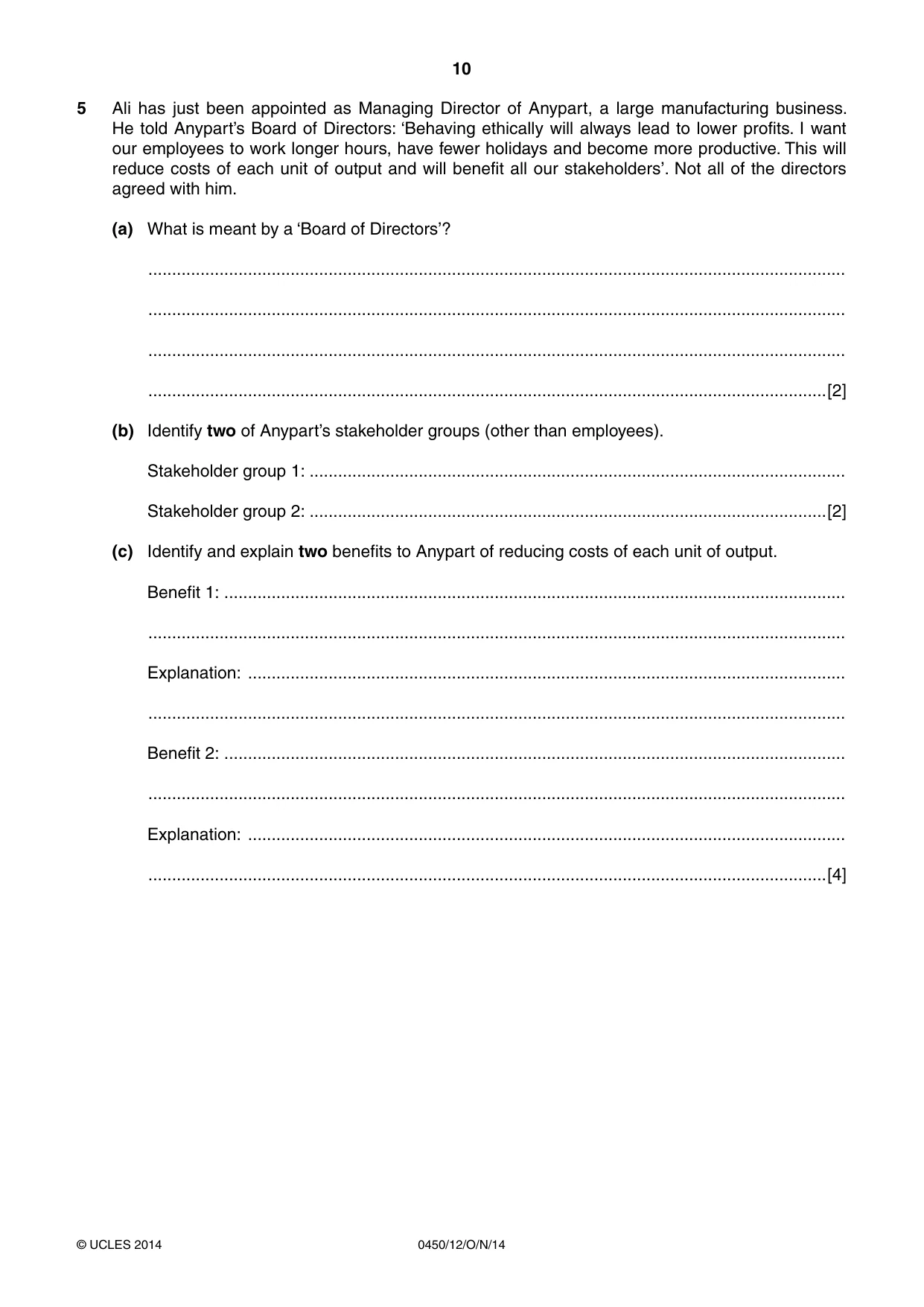 Cambridge IGCSE Business Studies 0450 2014 Oct/Nov Paper 1 · Variant 2 question paper, page 10 of 12