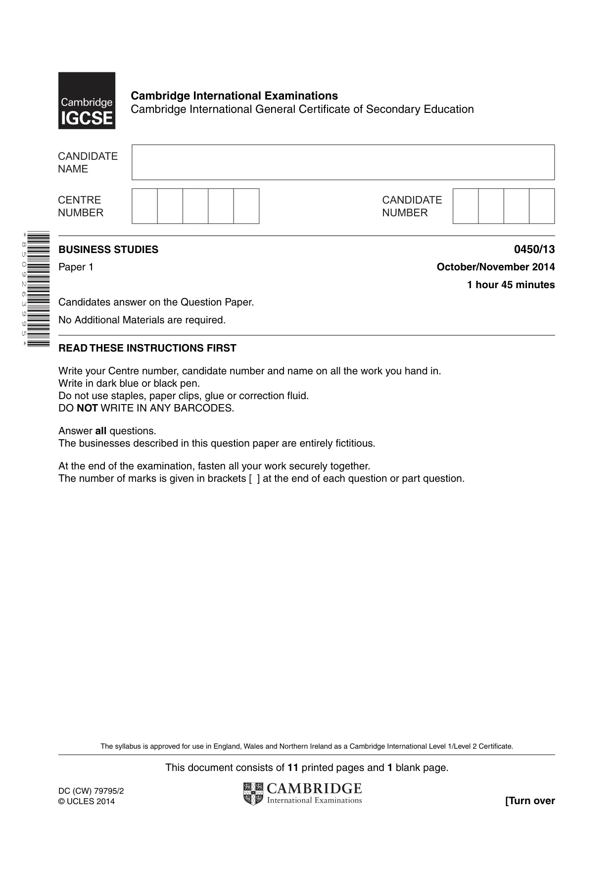 Cambridge IGCSE Business Studies 0450 2014 Oct/Nov Paper 1 · Variant 3 question paper, page 1 of 12