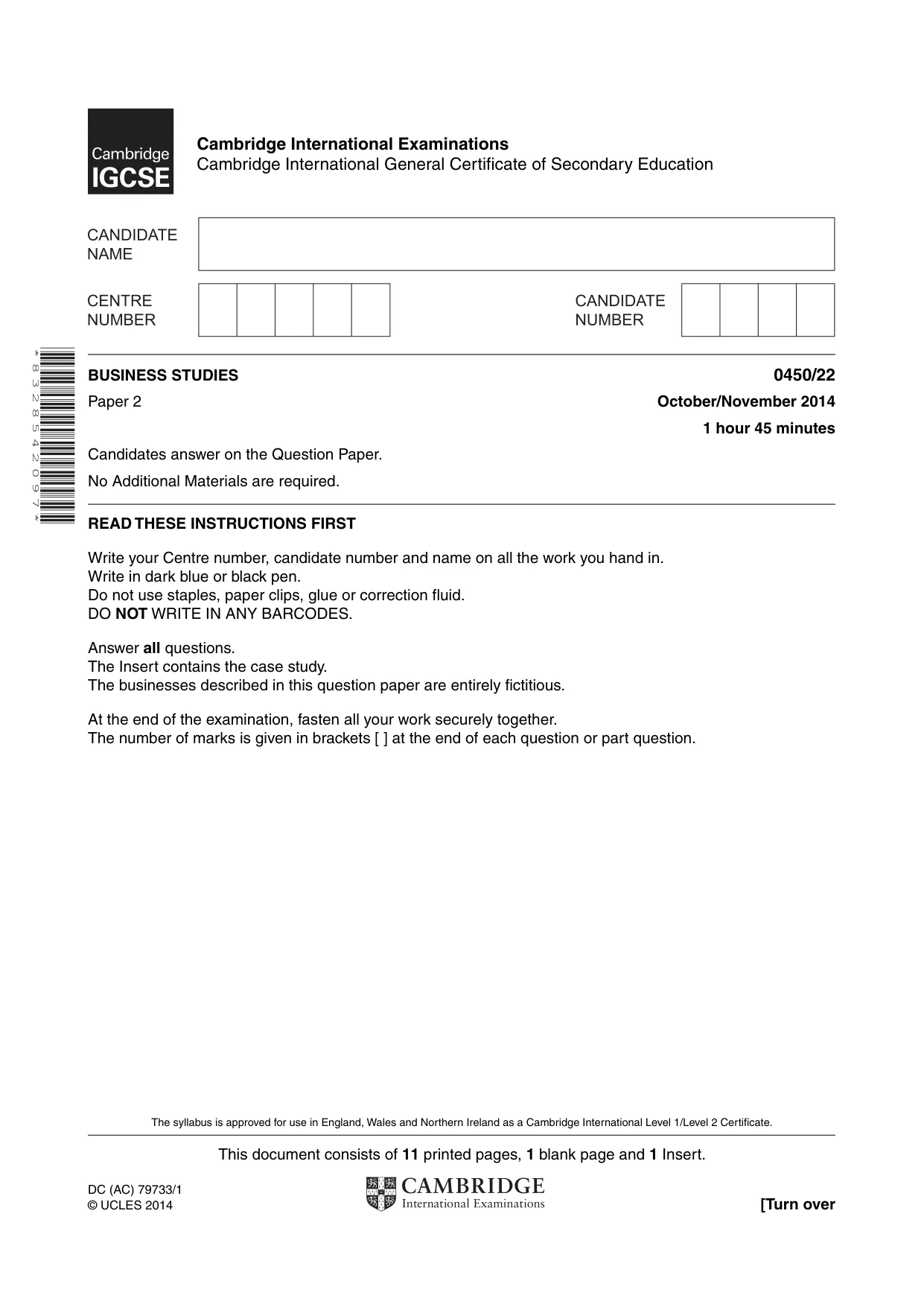 Cambridge IGCSE Business Studies 0450 2014 Oct/Nov Paper 2 · Variant 2 question paper, page 1 of 12