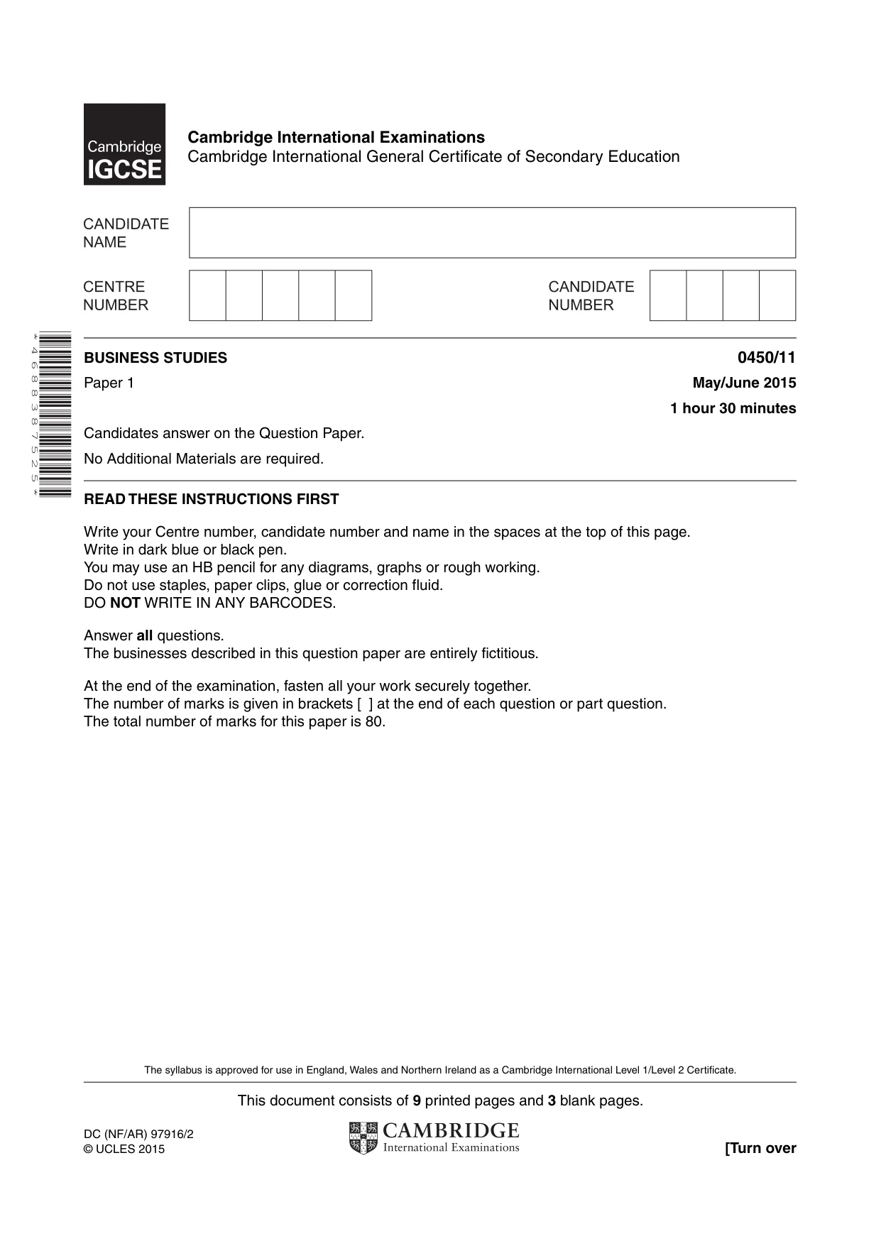 Cambridge IGCSE Business Studies 0450 2015 May/June Paper 1 · Variant 1 question paper, page 1 of 12